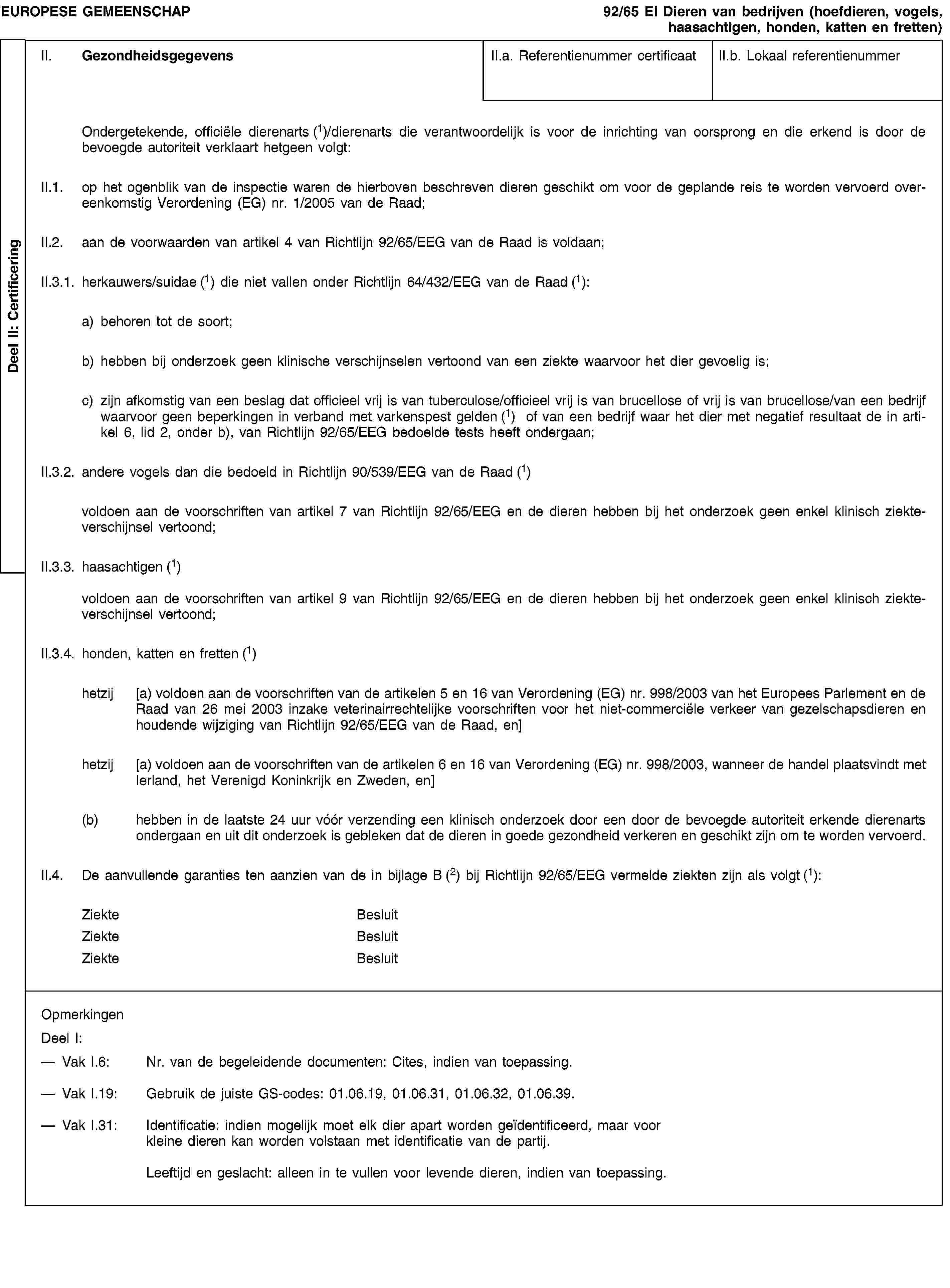 Deel II: CertificeringEUROPESE GEMEENSCHAP92/65 EI Dieren van bedrijven (hoefdieren, vogels, haasachtigen, honden, katten en fretten)II. GezondheidsgegevensII.a. Referentienummer certificaatII.b. Lokaal referentienummerOndergetekende, officiële dierenarts (1)/dierenarts die verantwoordelijk is voor de inrichting van oorsprong en die erkend is door de bevoegde autoriteit verklaart hetgeen volgt:II.1. op het ogenblik van de inspectie waren de hierboven beschreven dieren geschikt om voor de geplande reis te worden vervoerd overeenkomstig Verordening (EG) nr. 1/2005 van de Raad;II.2. aan de voorwaarden van artikel 4 van Richtlijn 92/65/EEG van de Raad is voldaan;II.3.1. herkauwers/suidae (1) die niet vallen onder Richtlijn 64/432/EEG van de Raad (1):a) behoren tot de soort;b) hebben bij onderzoek geen klinische verschijnselen vertoond van een ziekte waarvoor het dier gevoelig is;c) zijn afkomstig van een beslag dat officieel vrij is van tuberculose/officieel vrij is van brucellose of vrij is van brucellose/van een bedrijf waarvoor geen beperkingen in verband met varkenspest gelden (1) of van een bedrijf waar het dier met negatief resultaat de in artikel 6, lid 2, onder b), van Richtlijn 92/65/EEG bedoelde tests heeft ondergaan;II.3.2. andere vogels dan die bedoeld in Richtlijn 90/539/EEG van de Raad (1)voldoen aan de voorschriften van artikel 7 van Richtlijn 92/65/EEG en de dieren hebben bij het onderzoek geen enkel klinisch ziekteverschijnsel vertoond;II.3.3. haasachtigen (1)voldoen aan de voorschriften van artikel 9 van Richtlijn 92/65/EEG en de dieren hebben bij het onderzoek geen enkel klinisch ziekteverschijnsel vertoond;II.3.4. honden, katten en fretten (1)hetzij [a) voldoen aan de voorschriften van de artikelen 5 en 16 van Verordening (EG) nr. 998/2003 van het Europees Parlement en de Raad van 26 mei 2003 inzake veterinairrechtelĳke voorschriften voor het niet-commerciële verkeer van gezelschapsdieren en houdende wĳziging van Richtlĳn 92/65/EEG van de Raad, en]hetzij [a) voldoen aan de voorschriften van de artikelen 6 en 16 van Verordening (EG) nr. 998/2003, wanneer de handel plaatsvindt met Ierland, het Verenigd Koninkrijk en Zweden, en](b) hebben in de laatste 24 uur vóór verzending een klinisch onderzoek door een door de bevoegde autoriteit erkende dierenarts ondergaan en uit dit onderzoek is gebleken dat de dieren in goede gezondheid verkeren en geschikt zijn om te worden vervoerd.II.4. De aanvullende garanties ten aanzien van de in bijlage B (2) bij Richtlijn 92/65/EEG vermelde ziekten zijn als volgt (1):ZiekteBesluitZiekteBesluitZiekteBesluitOpmerkingenDeel I:Vak I.6: Nr. van de begeleidende documenten: Cites, indien van toepassing.Vak I.19: Gebruik de juiste GS-codes: 01.06.19, 01.06.31, 01.06.32, 01.06.39.Vak I.31: Identificatie: indien mogelijk moet elk dier apart worden geïdentificeerd, maar voor kleine dieren kan worden volstaan met identificatie van de partij.Leeftijd en geslacht: alleen in te vullen voor levende dieren, indien van toepassing.