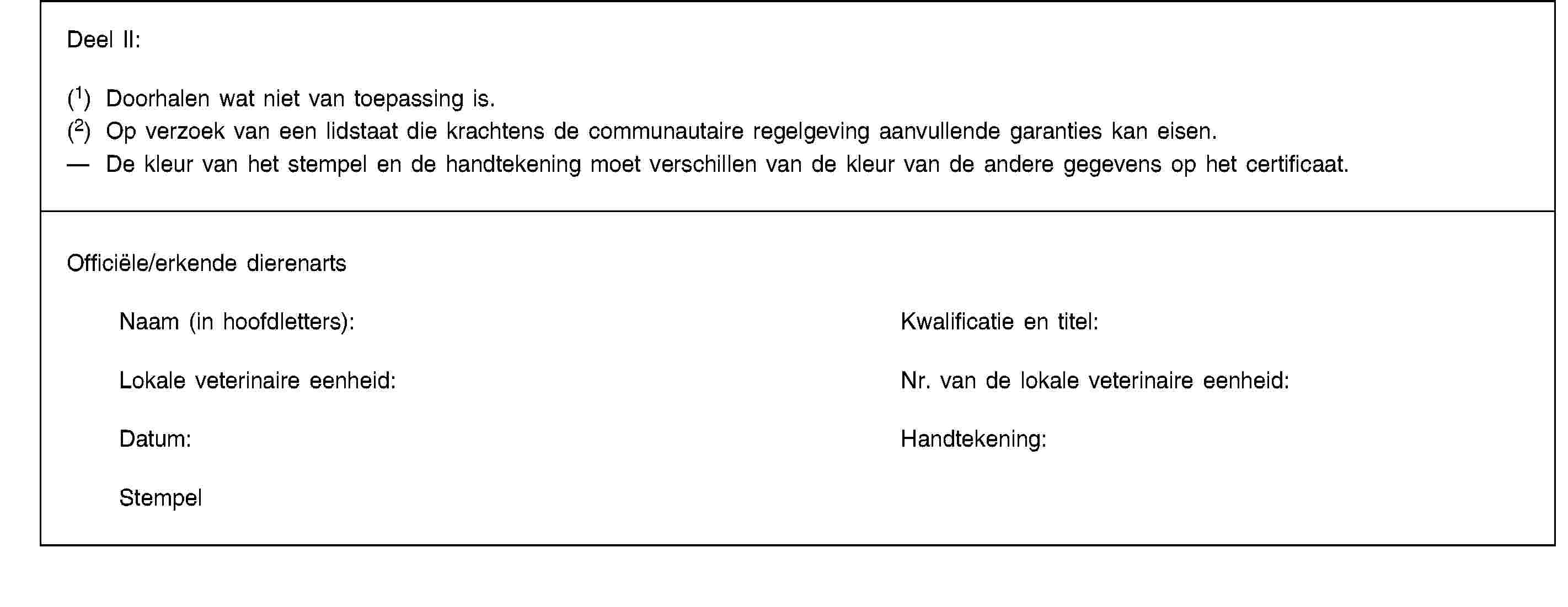 Deel II:(1) Doorhalen wat niet van toepassing is.(2) Op verzoek van een lidstaat die krachtens de communautaire regelgeving aanvullende garanties kan eisen.De kleur van het stempel en de handtekening moet verschillen van de kleur van de andere gegevens op het certificaat.Officiële/erkende dierenartsNaam (in hoofdletters):Kwalificatie en titel:Lokale veterinaire eenheid:Nr. van de lokale veterinaire eenheid:Datum:Handtekening:Stempel