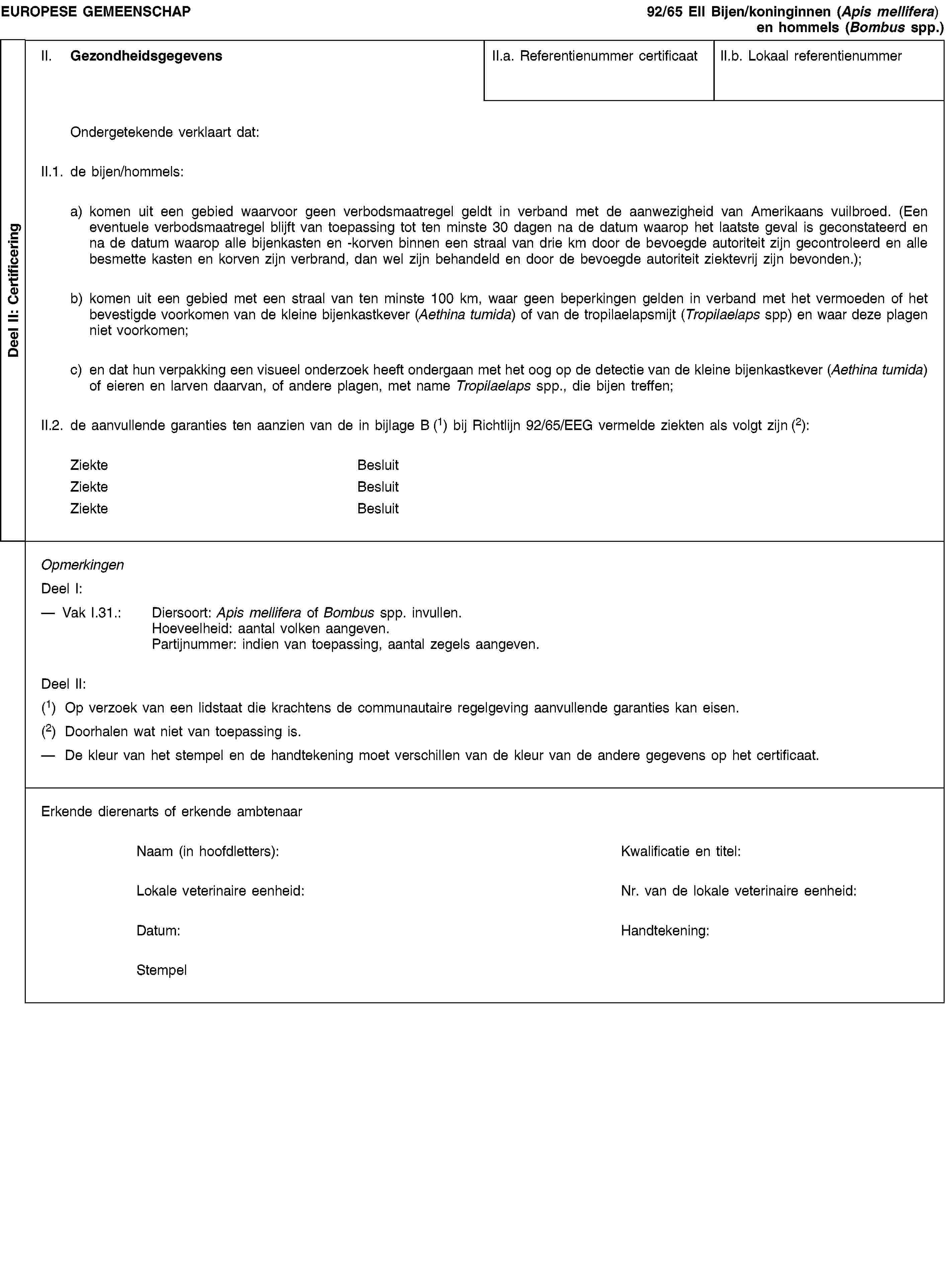 Deel II: CertificeringEUROPESE GEMEENSCHAP92/65 EII Bijen/koninginnen (Apis mellifera) en hommels (Bombus spp.)II. GezondheidsgegevensII.a. Referentienummer certificaatII.b. Lokaal referentienummerOndergetekende verklaart dat:II.1. de bijen/hommels:a) komen uit een gebied waarvoor geen verbodsmaatregel geldt in verband met de aanwezigheid van Amerikaans vuilbroed. (Een eventuele verbodsmaatregel blijft van toepassing tot ten minste 30 dagen na de datum waarop het laatste geval is geconstateerd en na de datum waarop alle bijenkasten en -korven binnen een straal van drie km door de bevoegde autoriteit zijn gecontroleerd en alle besmette kasten en korven zijn verbrand, dan wel zijn behandeld en door de bevoegde autoriteit ziektevrij zijn bevonden.);b) komen uit een gebied met een straal van ten minste 100 km, waar geen beperkingen gelden in verband met het vermoeden of het bevestigde voorkomen van de kleine bijenkastkever (Aethina tumida) of van de tropilaelapsmijt (Tropilaelaps spp) en waar deze plagen niet voorkomen;c) en dat hun verpakking een visueel onderzoek heeft ondergaan met het oog op de detectie van de kleine bijenkastkever (Aethina tumida) of eieren en larven daarvan, of andere plagen, met name Tropilaelaps spp., die bijen treffen;II.2. de aanvullende garanties ten aanzien van de in bijlage B (1) bij Richtlijn 92/65/EEG vermelde ziekten als volgt zijn (2):ZiekteBesluitZiekteBesluitZiekteBesluitOpmerkingenDeel I:Vak I.31.: Diersoort: Apis mellifera of Bombus spp. invullen.Hoeveelheid: aantal volken aangeven.Partijnummer: indien van toepassing, aantal zegels aangeven.Deel II:(1) Op verzoek van een lidstaat die krachtens de communautaire regelgeving aanvullende garanties kan eisen.(2) Doorhalen wat niet van toepassing is.De kleur van het stempel en de handtekening moet verschillen van de kleur van de andere gegevens op het certificaat.Erkende dierenarts of erkende ambtenaarNaam (in hoofdletters):Kwalificatie en titel:Lokale veterinaire eenheid:Nr. van de lokale veterinaire eenheid:Datum:Handtekening:Stempel