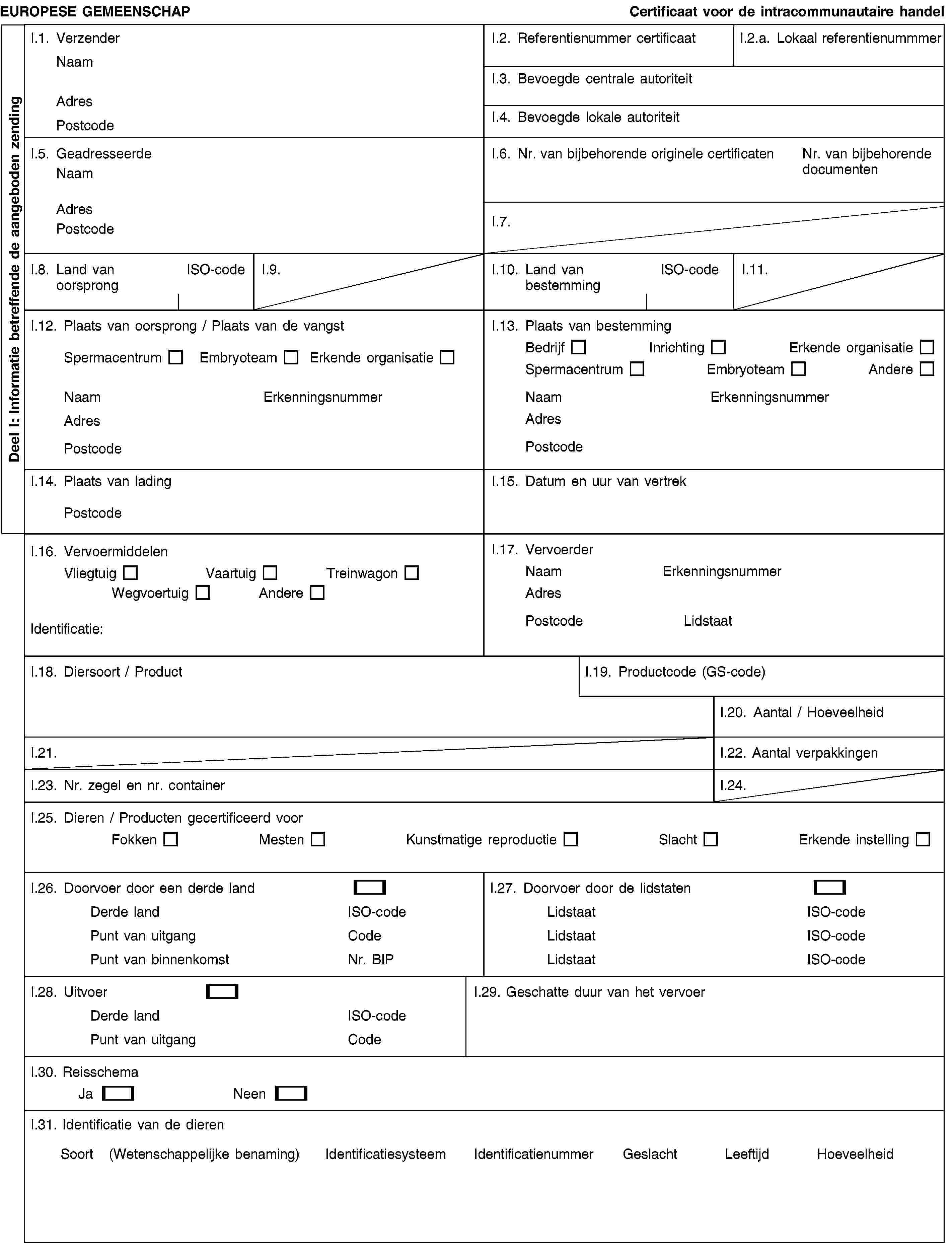 Deel I: Informatie betreffende de aangeboden zendingEUROPESE GEMEENSCHAPCertificaat voor de intracommunautaire handelI.1. VerzenderNaamAdresPostcodeI.2. Referentienummer certificaatI.2.a. Lokaal referentienummmerI.3. Bevoegde centrale autoriteitI.4. Bevoegde lokale autoriteitI.5. GeadresseerdeNaamAdresPostcodeI.6. Nr. van bijbehorende originele certificatenNr. van bijbehorende documentenI.7.I.8. Land van oorsprongISO-codeI.9.I.10. Land van bestemmingISO-codeI.11.I.12. Plaats van oorsprong / Plaats van de vangstSpermacentrumEmbryoteamErkende organisatieNaamErkenningsnummerAdresPostcodeI.13. Plaats van bestemmingBedrijfInrichtingErkende organisatieSpermacentrumEmbryoteamAndereNaamErkenningsnummerAdresPostcodeI.14. Plaats van ladingPostcodeI.15. Datum en uur van vertrekI.16. VervoermiddelenVliegtuigVaartuigTreinwagonWegvoertuigAndereIdentificatie:I.17. VervoerderNaamErkenningsnummerAdresPostcodeLidstaatI.18. Diersoort / ProductI.19. Productcode (GS-code)I.20. Aantal / HoeveelheidI.21.I.22. Aantal verpakkingenI.23. Nr. zegel en nr. containerI.24.I.25. Dieren / Producten gecertificeerd voorFokkenMestenKunstmatige reproductieSlachtErkende instellingI.26. Doorvoer door een derde landDerde landISO-codePunt van uitgangCodePunt van binnenkomstNr. BIPI.27. Doorvoer door de lidstatenLidstaatISO-codeLidstaatISO-codeLidstaatISO-codeI.28. UitvoerDerde landISO-codePunt van uitgangCodeI.29. Geschatte duur van het vervoerI.30. ReisschemaJaNeenI.31. Identificatie van de dierenSoort (Wetenschappelijke benaming)IdentificatiesysteemIdentificatienummerGeslachtLeeftijdHoeveelheid