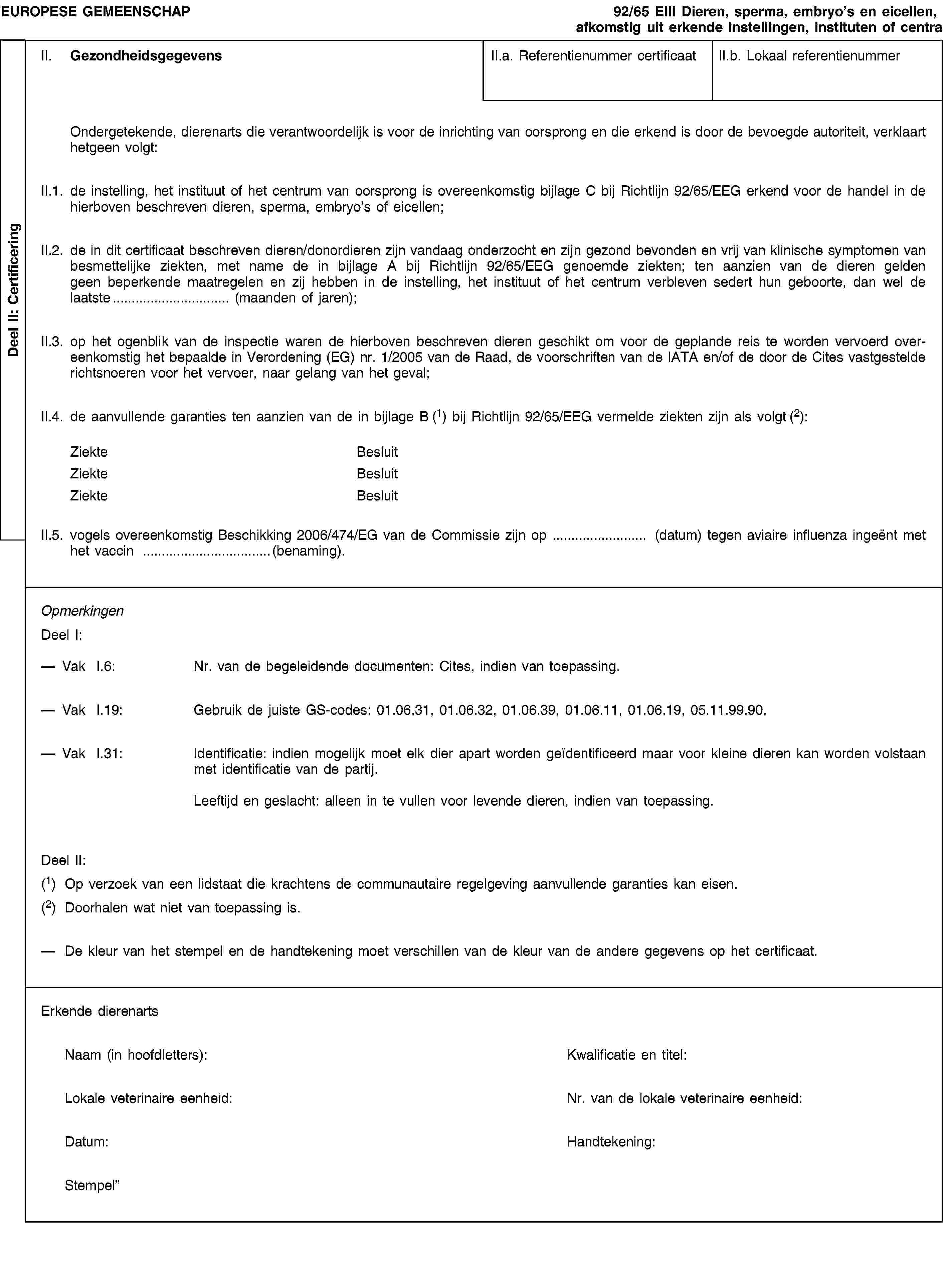 Deel II: CertificeringEUROPESE GEMEENSCHAP92/65 EIII Dieren, sperma, embryo’s en eicellen, afkomstig uit erkende instellingen, instituten of centraII. GezondheidsgegevensII.a. Referentienummer certificaatII.b. Lokaal referentienummerOndergetekende, dierenarts die verantwoordelijk is voor de inrichting van oorsprong en die erkend is door de bevoegde autoriteit, verklaart hetgeen volgt:II.1. de instelling, het instituut of het centrum van oorsprong is overeenkomstig bijlage C bij Richtlijn 92/65/EEG erkend voor de handel in de hierboven beschreven dieren, sperma, embryo’s of eicellen;II.2. de in dit certificaat beschreven dieren/donordieren zijn vandaag onderzocht en zijn gezond bevonden en vrij van klinische symptomen van besmettelijke ziekten, met name de in bijlage A bij Richtlijn 92/65/EEG genoemde ziekten; ten aanzien van de dieren gelden geen beperkende maatregelen en zij hebben in de instelling, het instituut of het centrum verbleven sedert hun geboorte, dan wel de laatste (maanden of jaren);II.3. op het ogenblik van de inspectie waren de hierboven beschreven dieren geschikt om voor de geplande reis te worden vervoerd overeenkomstig het bepaalde in Verordening (EG) nr. 1/2005 van de Raad, de voorschriften van de IATA en/of de door de Cites vastgestelde richtsnoeren voor het vervoer, naar gelang van het geval;II.4. de aanvullende garanties ten aanzien van de in bijlage B (1) bij Richtlijn 92/65/EEG vermelde ziekten zijn als volgt (2):ZiekteBesluitZiekteBesluitZiekteBesluitII.5. vogels overeenkomstig Beschikking 2006/474/EG van de Commissie zijn op (datum) tegen aviaire influenza ingeënt met het vaccin (benaming).OpmerkingenDeel I:Vak I.6: Nr. van de begeleidende documenten: Cites, indien van toepassing.Vak I.19: Gebruik de juiste GS-codes: 01.06.31, 01.06.32, 01.06.39, 01.06.11, 01.06.19, 05.11.99.90.Vak I.31: Identificatie: indien mogelijk moet elk dier apart worden geïdentificeerd maar voor kleine dieren kan worden volstaan met identificatie van de partij.Leeftijd en geslacht: alleen in te vullen voor levende dieren, indien van toepassing.Deel II:(1) Op verzoek van een lidstaat die krachtens de communautaire regelgeving aanvullende garanties kan eisen.(2) Doorhalen wat niet van toepassing is.De kleur van het stempel en de handtekening moet verschillen van de kleur van de andere gegevens op het certificaat.Erkende dierenartsNaam (in hoofdletters):Kwalificatie en titel:Lokale veterinaire eenheid:Nr. van de lokale veterinaire eenheid:Datum:Handtekening:Stempel