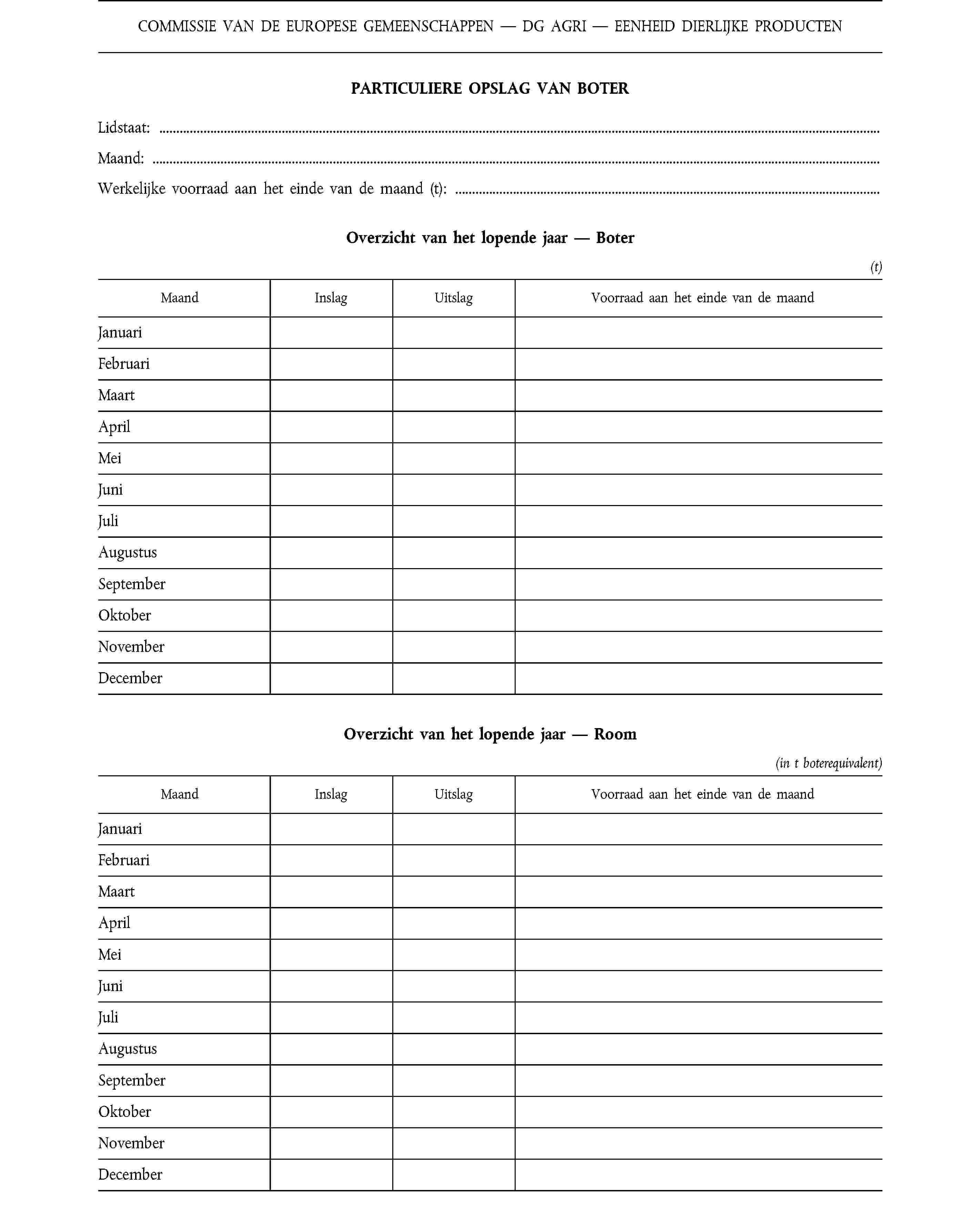 COMMISSIE VAN DE EUROPESE GEMEENSCHAPPEN — DG AGRI — EENHEID DIERLIJKE PRODUCTENPARTICULIERE OPSLAG VAN BOTERLidstaat:Maand:Werkelijke voorraad aan het einde van de maand (t):Overzicht van het lopende jaar — BoterOverzicht van het lopende jaar — Room