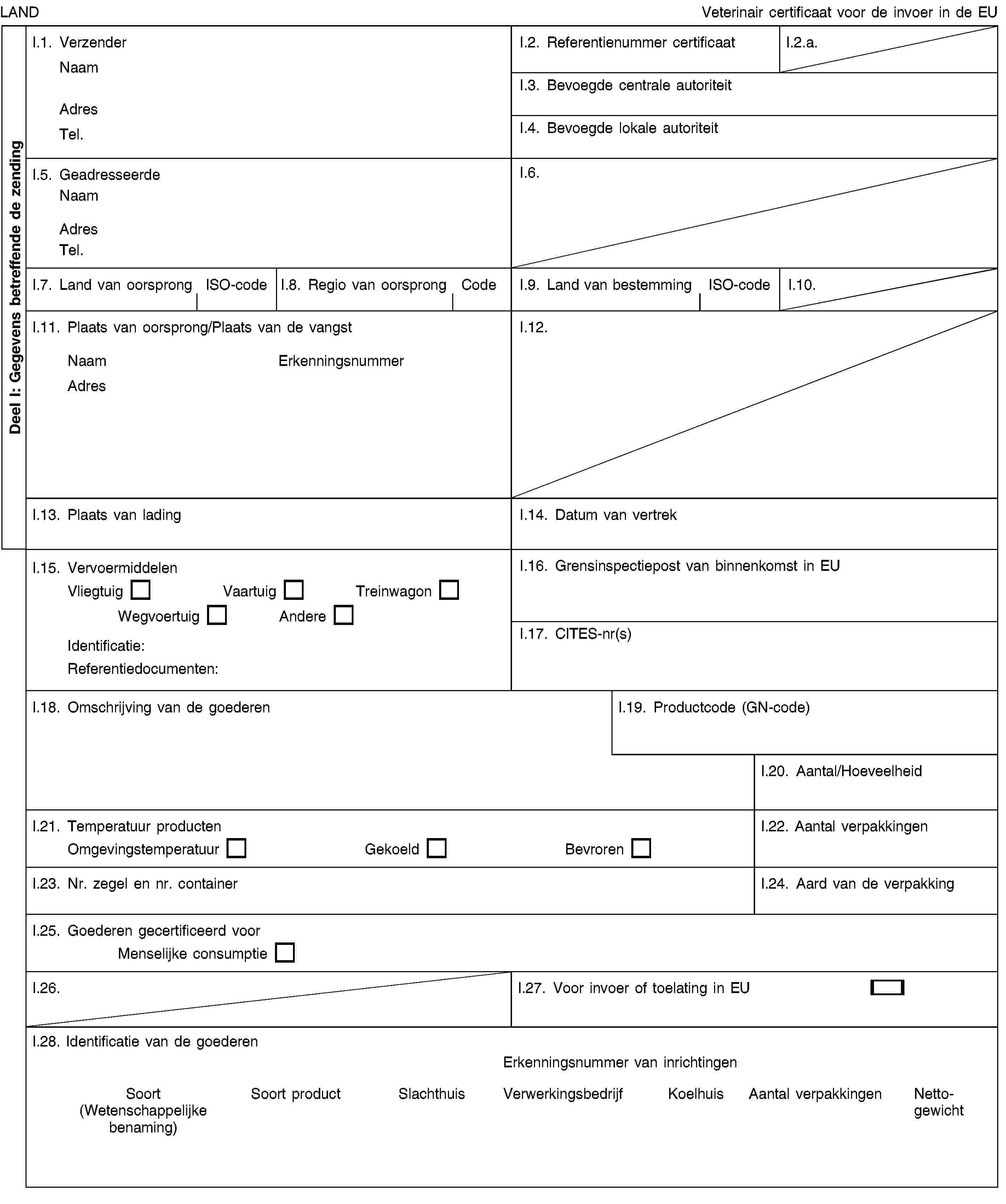 Deel I: Gegevens betreffende de zendingLANDVeterinair certificaat voor de invoer in de EUI.1. VerzenderNaamAdresTel.I.2. Referentienummer certificaatI.2.a.I.3. Bevoegde centrale autoriteitI.4. Bevoegde lokale autoriteitI.5. GeadresseerdeNaamAdresTel.I.6.I.7. Land van oorsprongISO-codeI.8. Regio van oorsprongCodeI.9. Land van bestemmingISO-codeI.10.I.11. Plaats van oorsprong/Plaats van de vangstNaamErkenningsnummerAdresI.12.I.13. Plaats van ladingI.14. Datum van vertrekI.15. VervoermiddelenVliegtuigVaartuigTreinwagonWegvoertuigAndereIdentificatie:Referentiedocumenten:I.16. Grensinspectiepost van binnenkomst in EUI.17. CITES-nr(s)I.18. Omschrijving van de goederenI.19. Productcode (GN-code)I.20. Aantal/HoeveelheidI.21. Temperatuur productenOmgevingstemperatuurGekoeldBevrorenI.22. Aantal verpakkingenI.23. Nr. zegel en nr. containerI.24. Aard van de verpakkingI.25. Goederen gecertificeerd voorMenselijke consumptieI.26.I.27. Voor invoer of toelating in EUI.28. Identificatie van de goederenErkenningsnummer van inrichtingenSoort (Wetenschappelijke benaming)Soort productSlachthuisVerwerkingsbedrijfKoelhuisAantal verpakkingenNettogewicht