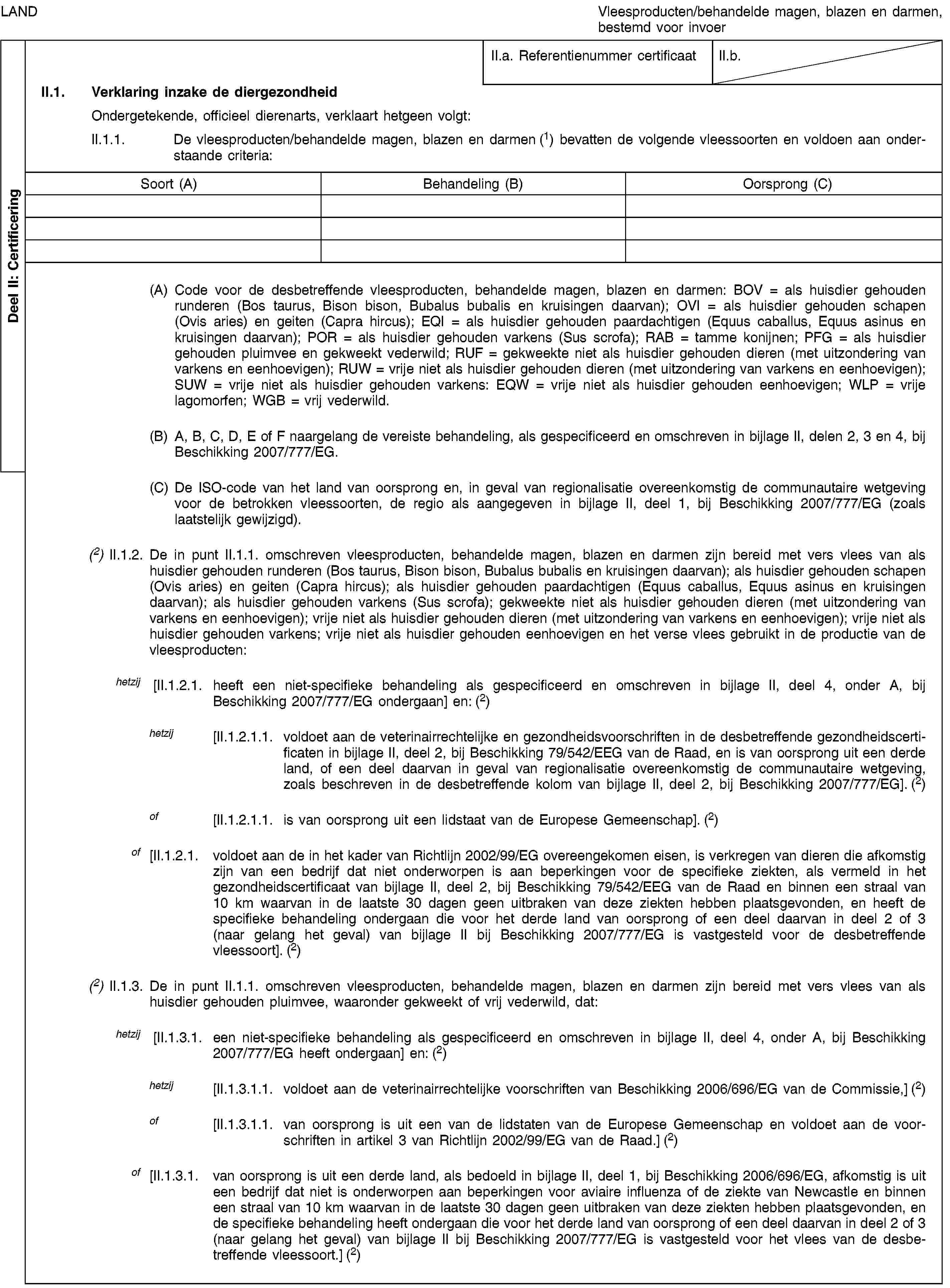 Deel II: CertificeringLANDVleesproducten/behandelde magen, blazen en darmen, bestemd voor invoerII.a. Referentienummer certificaatII.b.II.1. Verklaring inzake de diergezondheidOndergetekende, officieel dierenarts, verklaart hetgeen volgt:II.1.1. De vleesproducten/behandelde magen, blazen en darmen (1) bevatten de volgende vleessoorten en voldoen aan onderstaande criteria:Soort (A)Behandeling (B)Oorsprong (C)(A) Code voor de desbetreffende vleesproducten, behandelde magen, blazen en darmen: BOV = als huisdier gehouden runderen (Bos taurus, Bison bison, Bubalus bubalis en kruisingen daarvan); OVI = als huisdier gehouden schapen (Ovis aries) en geiten (Capra hircus); EQI = als huisdier gehouden paardachtigen (Equus caballus, Equus asinus en kruisingen daarvan); POR = als huisdier gehouden varkens (Sus scrofa); RAB = tamme konijnen; PFG = als huisdier gehouden pluimvee en gekweekt vederwild; RUF = gekweekte niet als huisdier gehouden dieren (met uitzondering van varkens en eenhoevigen); RUW = vrije niet als huisdier gehouden dieren (met uitzondering van varkens en eenhoevigen); SUW = vrije niet als huisdier gehouden varkens: EQW = vrije niet als huisdier gehouden eenhoevigen; WLP = vrije lagomorfen; WGB = vrij vederwild.(B) A, B, C, D, E of F naargelang de vereiste behandeling, als gespecificeerd en omschreven in bijlage II, delen 2, 3 en 4, bij Beschikking 2007/777/EG.(C) De ISO-code van het land van oorsprong en, in geval van regionalisatie overeenkomstig de communautaire wetgeving voor de betrokken vleessoorten, de regio als aangegeven in bijlage II, deel 1, bij Beschikking 2007/777/EG (zoals laatstelijk gewijzigd).(2) II.1.2. De in punt II.1.1. omschreven vleesproducten, behandelde magen, blazen en darmen zijn bereid met vers vlees van als huisdier gehouden runderen (Bos taurus, Bison bison, Bubalus bubalis en kruisingen daarvan); als huisdier gehouden schapen (Ovis aries) en geiten (Capra hircus); als huisdier gehouden paardachtigen (Equus caballus, Equus asinus en kruisingen daarvan); als huisdier gehouden varkens (Sus scrofa); gekweekte niet als huisdier gehouden dieren (met uitzondering van varkens en eenhoevigen); vrije niet als huisdier gehouden dieren (met uitzondering van varkens en eenhoevigen); vrije niet als huisdier gehouden varkens; vrije niet als huisdier gehouden eenhoevigen en het verse vlees gebruikt in de productie van de vleesproducten:hetzij [II.1.2.1. heeft een niet-specifieke behandeling als gespecificeerd en omschreven in bijlage II, deel 4, onder A, bij Beschikking 2007/777/EG ondergaan] en: (2)hetzij [II.1.2.1.1. voldoet aan de veterinairrechtelijke en gezondheidsvoorschriften in de desbetreffende gezondheidscertificaten in bijlage II, deel 2, bij Beschikking 79/542/EEG van de Raad, en is van oorsprong uit een derde land, of een deel daarvan in geval van regionalisatie overeenkomstig de communautaire wetgeving, zoals beschreven in de desbetreffende kolom van bijlage II, deel 2, bij Beschikking 2007/777/EG]. (2)of [II.1.2.1.1. is van oorsprong uit een lidstaat van de Europese Gemeenschap]. (2)of [II.1.2.1. voldoet aan de in het kader van Richtlijn 2002/99/EG overeengekomen eisen, is verkregen van dieren die afkomstig zijn van een bedrijf dat niet onderworpen is aan beperkingen voor de specifieke ziekten, als vermeld in het gezondheidscertificaat van bijlage II, deel 2, bij Beschikking 79/542/EEG van de Raad en binnen een straal van 10 km waarvan in de laatste 30 dagen geen uitbraken van deze ziekten hebben plaatsgevonden, en heeft de specifieke behandeling ondergaan die voor het derde land van oorsprong of een deel daarvan in deel 2 of 3 (naar gelang het geval) van bijlage II bij Beschikking 2007/777/EG is vastgesteld voor de desbetreffende vleessoort]. (2)(2) II.1.3. De in punt II.1.1. omschreven vleesproducten, behandelde magen, blazen en darmen zijn bereid met vers vlees van als huisdier gehouden pluimvee, waaronder gekweekt of vrij vederwild, dat:hetzij [II.1.3.1. een niet-specifieke behandeling als gespecificeerd en omschreven in bijlage II, deel 4, onder A, bij Beschikking 2007/777/EG heeft ondergaan] en: (2)hetzij [II.1.3.1.1. voldoet aan de veterinairrechtelijke voorschriften van Beschikking 2006/696/EG van de Commissie,] (2)of [II.1.3.1.1. van oorsprong is uit een van de lidstaten van de Europese Gemeenschap en voldoet aan de voorschriften in artikel 3 van Richtlijn 2002/99/EG van de Raad.] (2)of [II.1.3.1. van oorsprong is uit een derde land, als bedoeld in bijlage II, deel 1, bij Beschikking 2006/696/EG, afkomstig is uit een bedrijf dat niet is onderworpen aan beperkingen voor aviaire influenza of de ziekte van Newcastle en binnen een straal van 10 km waarvan in de laatste 30 dagen geen uitbraken van deze ziekten hebben plaatsgevonden, en de specifieke behandeling heeft ondergaan die voor het derde land van oorsprong of een deel daarvan in deel 2 of 3 (naar gelang het geval) van bijlage II bij Beschikking 2007/777/EG is vastgesteld voor het vlees van de desbetreffende vleessoort.] (2)