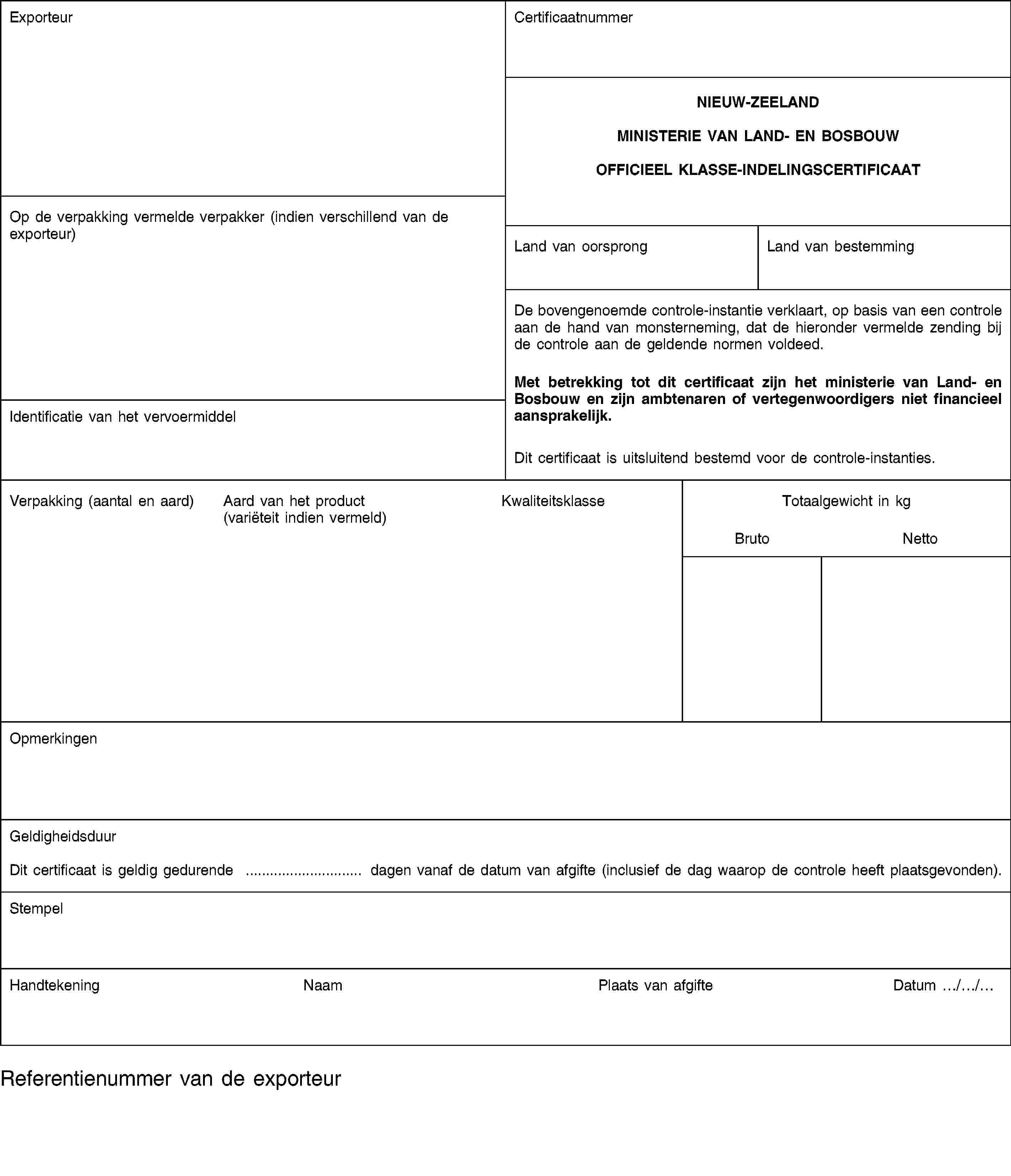 ExporteurCertificaatnummerNIEUW-ZEELANDMINISTERIE VAN LAND- EN BOSBOUWOFFICIEEL KLASSE-INDELINGSCERTIFICAATOp de verpakking vermelde verpakker (indien verschillend van de exporteur)Land van oorsprongLand van bestemmingDe bovengenoemde controle-instantie verklaart, op basis van een controle aan de hand van monsterneming, dat de hieronder vermelde zending bij de controle aan de geldende normen voldeed.Identificatie van het vervoermiddelMet betrekking tot dit certificaat zijn het ministerie van Land- en Bosbouw en zijn ambtenaren of vertegenwoordigers niet financieel aansprakelijk.Dit certificaat is uitsluitend bestemd voor de controle-instanties.Verpakking (aantal en aard)Aard van het product (variëteit indien vermeld)KwaliteitsklasseTotaalgewicht in kgBrutoNettoOpmerkingenGeldigheidsduurDit certificaat is geldig gedurende … dagen vanaf de datum van afgifte (inclusief de dag waarop de controle heeft plaatsgevonden).StempelHandtekeningNaamPlaats van afgifteDatum …/…/…Referentienummer van de exporteur