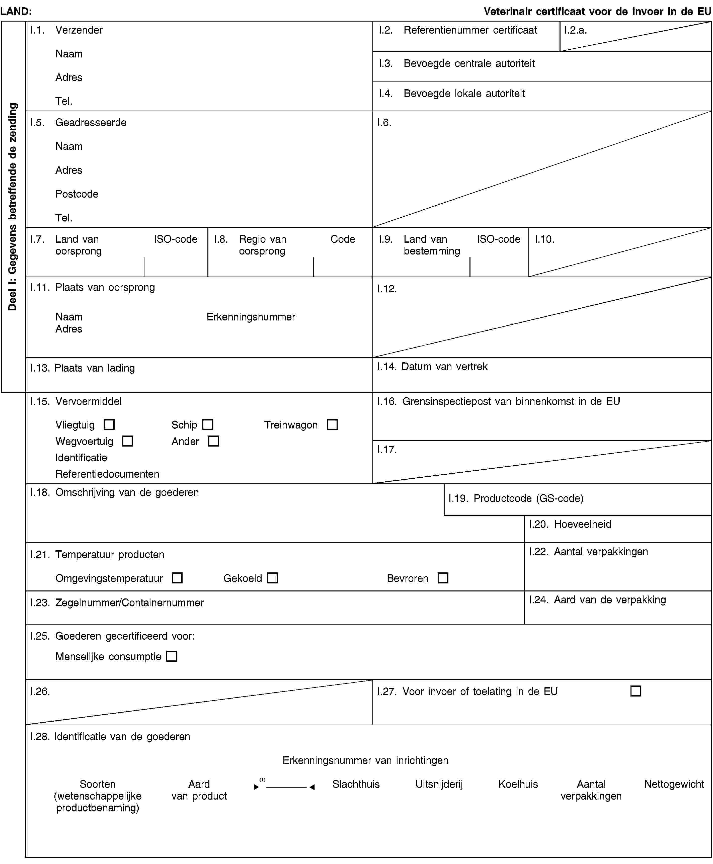 Deel I: Gegevens betreffende de zendingLAND:Veterinair certificaat voor de invoer in de EUI.1. VerzenderNaamAdresTel.I.2. Referentienummer certificaatI.2.a.I.3. Bevoegde centrale autoriteitI.4. Bevoegde lokale autoriteitI.5. GeadresseerdeNaamAdresPostcodeTel.I.6.I.7. Land van oorsprongISO-codeI.8. Regio van oorsprongCodeI.9. Land van bestemmingISO-codeI.10.I.11. Plaats van oorsprongNaamErkenningsnummerAdresI.12.I.13. Plaats van ladingI.14. Datum van vertrekI.15. VervoermiddelVliegtuigSchipTreinwagonWegvoertuigAnderIdentificatieReferentiedocumentenI.16. Grensinspectiepost van binnenkomst in de EUI.17.I.18. Omschrijving van de goederenI.19. Productcode (GS-code)I.20. HoeveelheidI.21. Temperatuur productenOmgevingstemperatuurGekoeldBevrorenI.22. Aantal verpakkingenI.23. Zegelnummer/ContainernummerI.24. Aard van de verpakkingI.25. Goederen gecertificeerd voor:Menselijke consumptieI.26.I.27. Voor invoer of toelating in de EUI.28. Identificatie van de goederenErkenningsnummer van inrichtingenSoorten(wetenschappelijke productbenaming)Aard van productSoort behandelingSlachthuisUitsnijderijKoelhuisAantal verpakkingenNettogewicht