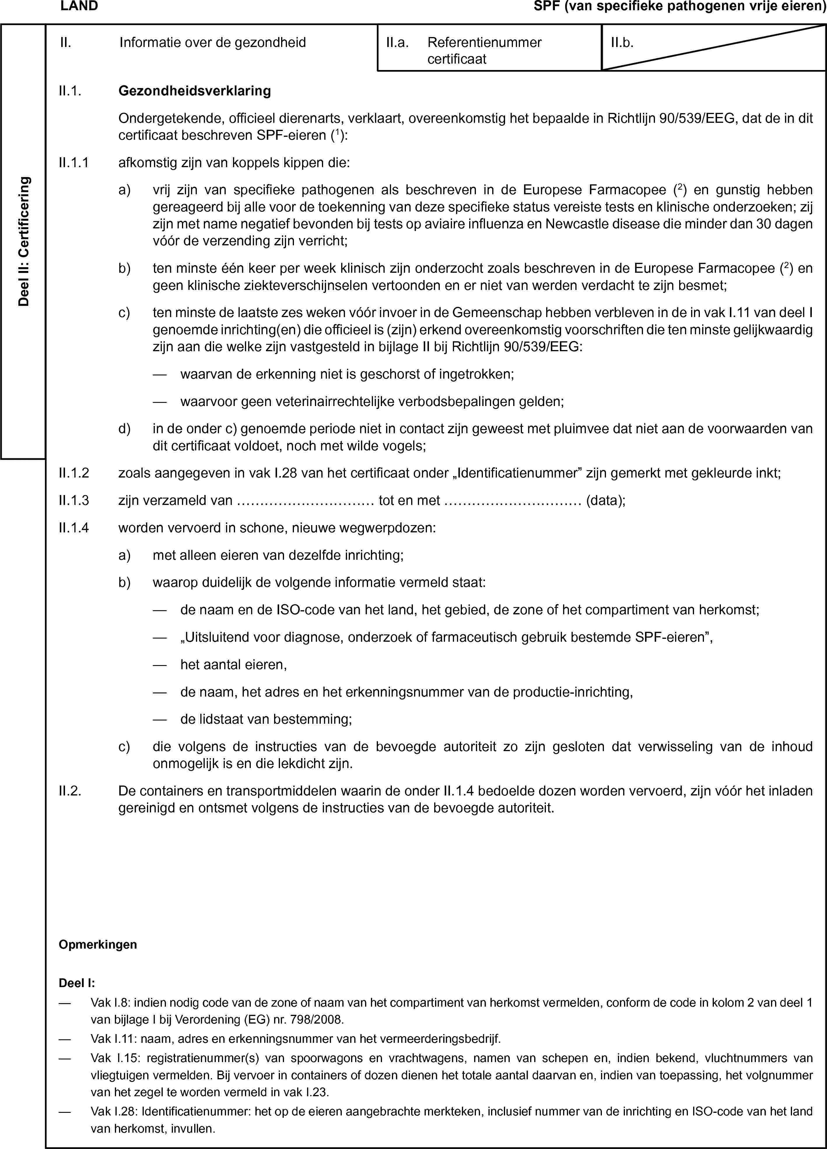 LANDSPF (van specifieke pathogenen vrije eieren)Deel II: CertificeringII. Informatie over de gezondheidII.a. Referentienummer certificaatII.b.II.1. GezondheidsverklaringOndergetekende, officieel dierenarts, verklaart, overeenkomstig het bepaalde in Richtlijn 90/539/EEG, dat de in dit certificaat beschreven SPF-eieren (1):II.1.1 afkomstig zijn van koppels kippen die:a) vrij zijn van specifieke pathogenen als beschreven in de Europese Farmacopee (2) en gunstig hebben gereageerd bij alle voor de toekenning van deze specifieke status vereiste tests en klinische onderzoeken; zij zijn met name negatief bevonden bij tests op aviaire influenza en Newcastle disease die minder dan 30 dagen vóór de verzending zijn verricht;b) ten minste één keer per week klinisch zijn onderzocht zoals beschreven in de Europese Farmacopee (2) en geen klinische ziekteverschijnselen vertoonden en er niet van werden verdacht te zijn besmet;c) ten minste de laatste zes weken vóór invoer in de Gemeenschap hebben verbleven in de in vak I.11 van deel I genoemde inrichting(en) die officieel is (zijn) erkend overeenkomstig voorschriften die ten minste gelijkwaardig zijn aan die welke zijn vastgesteld in bijlage II bij Richtlijn 90/539/EEG:— waarvan de erkenning niet is geschorst of ingetrokken;— waarvoor geen veterinairrechtelijke verbodsbepalingen gelden;d) in de onder c) genoemde periode niet in contact zijn geweest met pluimvee dat niet aan de voorwaarden van dit certificaat voldoet, noch met wilde vogels;II.1.2 zoals aangegeven in vak I.28 van het certificaat onder „Identificatienummer” zijn gemerkt met gekleurde inkt;II.1.3 zijn verzameld van … tot en met … (data);II.1.4 worden vervoerd in schone, nieuwe wegwerpdozen:a) met alleen eieren van dezelfde inrichting;b) waarop duidelijk de volgende informatie vermeld staat:— de naam en de ISO-code van het land, het gebied, de zone of het compartiment van herkomst;— „Uitsluitend voor diagnose, onderzoek of farmaceutisch gebruik bestemde SPF-eieren”,— het aantal eieren,— de naam, het adres en het erkenningsnummer van de productie-inrichting,— de lidstaat van bestemming;c) die volgens de instructies van de bevoegde autoriteit zo zijn gesloten dat verwisseling van de inhoud onmogelijk is en die lekdicht zijn.II.2. De containers en transportmiddelen waarin de onder II.1.4 bedoelde dozen worden vervoerd, zijn vóór het inladen gereinigd en ontsmet volgens de instructies van de bevoegde autoriteit.OpmerkingenDeel I:— Vak I.8: indien nodig code van de zone of naam van het compartiment van herkomst vermelden, conform de code in kolom 2 van deel 1 van bijlage I bij Verordening (EG) nr. 798/2008.— Vak I.11: naam, adres en erkenningsnummer van het vermeerderingsbedrijf.— Vak I.15: registratienummer(s) van spoorwagons en vrachtwagens, namen van schepen en, indien bekend, vluchtnummers van vliegtuigen vermelden. Bij vervoer in containers of dozen dienen het totale aantal daarvan en, indien van toepassing, het volgnummer van het zegel te worden vermeld in vak I.23.— Vak I.28: Identificatienummer: het op de eieren aangebrachte merkteken, inclusief nummer van de inrichting en ISO-code van het land van herkomst, invullen.