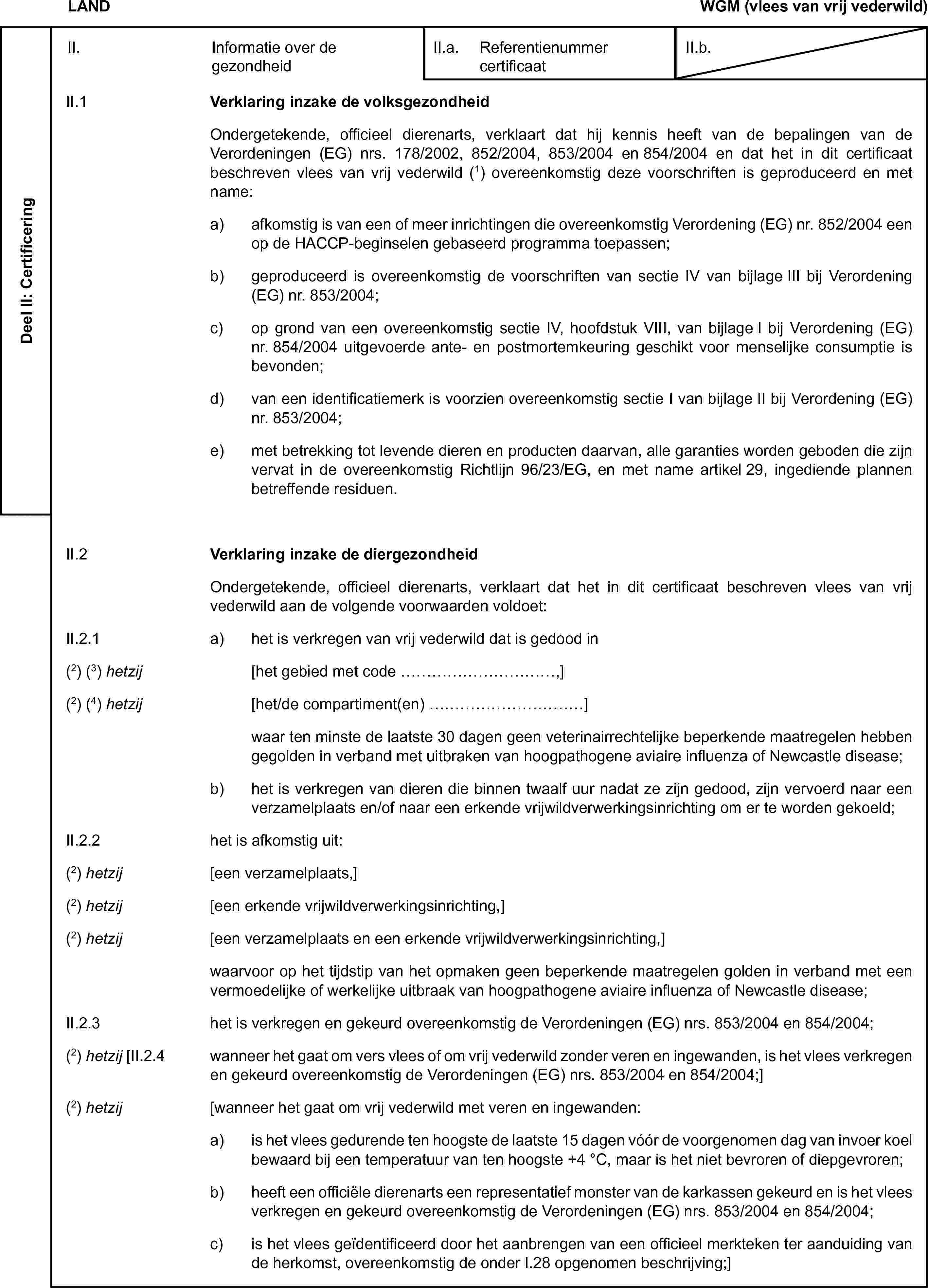 LANDWGM (vlees van vrij vederwild)Deel II: CertificeringII. Informatie over de gezondheidII.a. Referentienummer certificaatII.b.II.1 Verklaring inzake de volksgezondheidOndergetekende, officieel dierenarts, verklaart dat hij kennis heeft van de bepalingen van de Verordeningen (EG) nrs. 178/2002, 852/2004, 853/2004 en 854/2004 en dat het in dit certificaat beschreven vlees van vrij vederwild (1) overeenkomstig deze voorschriften is geproduceerd en met name:a) afkomstig is van een of meer inrichtingen die overeenkomstig Verordening (EG) nr. 852/2004 een op de HACCP-beginselen gebaseerd programma toepassen;b) geproduceerd is overeenkomstig de voorschriften van sectie IV van bijlage III bij Verordening (EG) nr. 853/2004;c) op grond van een overeenkomstig sectie IV, hoofdstuk VIII, van bijlage I bij Verordening (EG) nr. 854/2004 uitgevoerde ante- en postmortemkeuring geschikt voor menselijke consumptie is bevonden;d) van een identificatiemerk is voorzien overeenkomstig sectie I van bijlage II bij Verordening (EG) nr. 853/2004;e) met betrekking tot levende dieren en producten daarvan, alle garanties worden geboden die zijn vervat in de overeenkomstig Richtlijn 96/23/EG, en met name artikel 29, ingediende plannen betreffende residuen.II.2 Verklaring inzake de diergezondheidOndergetekende, officieel dierenarts, verklaart dat het in dit certificaat beschreven vlees van vrij vederwild aan de volgende voorwaarden voldoet:II.2.1 a) het is verkregen van vrij vederwild dat is gedood in(2) (3) hetzij [het gebied met code …,](2) (4) hetzij [het/de compartiment(en) …]waar ten minste de laatste 30 dagen geen veterinairrechtelijke beperkende maatregelen hebben gegolden in verband met uitbraken van hoogpathogene aviaire influenza of Newcastle disease;b) het is verkregen van dieren die binnen twaalf uur nadat ze zijn gedood, zijn vervoerd naar een verzamelplaats en/of naar een erkende vrijwildverwerkingsinrichting om er te worden gekoeld;II.2.2 het is afkomstig uit:(2) hetzij [een verzamelplaats,](2) hetzij [een erkende vrijwildverwerkingsinrichting,](2) hetzij [een verzamelplaats en een erkende vrijwildverwerkingsinrichting,]waarvoor op het tijdstip van het opmaken geen beperkende maatregelen golden in verband met een vermoedelijke of werkelijke uitbraak van hoogpathogene aviaire influenza of Newcastle disease;II.2.3 het is verkregen en gekeurd overeenkomstig de Verordeningen (EG) nrs. 853/2004 en 854/2004;(2) hetzij [II.2.4 wanneer het gaat om vers vlees of om vrij vederwild zonder veren en ingewanden, is het vlees verkregen en gekeurd overeenkomstig de Verordeningen (EG) nrs. 853/2004 en 854/2004;](2) hetzij [wanneer het gaat om vrij vederwild met veren en ingewanden:a) is het vlees gedurende ten hoogste de laatste 15 dagen vóór de voorgenomen dag van invoer koel bewaard bij een temperatuur van ten hoogste +4 °C, maar is het niet bevroren of diepgevroren;b) heeft een officiële dierenarts een representatief monster van de karkassen gekeurd en is het vlees verkregen en gekeurd overeenkomstig de Verordeningen (EG) nrs. 853/2004 en 854/2004;c) is het vlees geïdentificeerd door het aanbrengen van een officieel merkteken ter aanduiding van de herkomst, overeenkomstig de onder I.28 opgenomen beschrijving;]