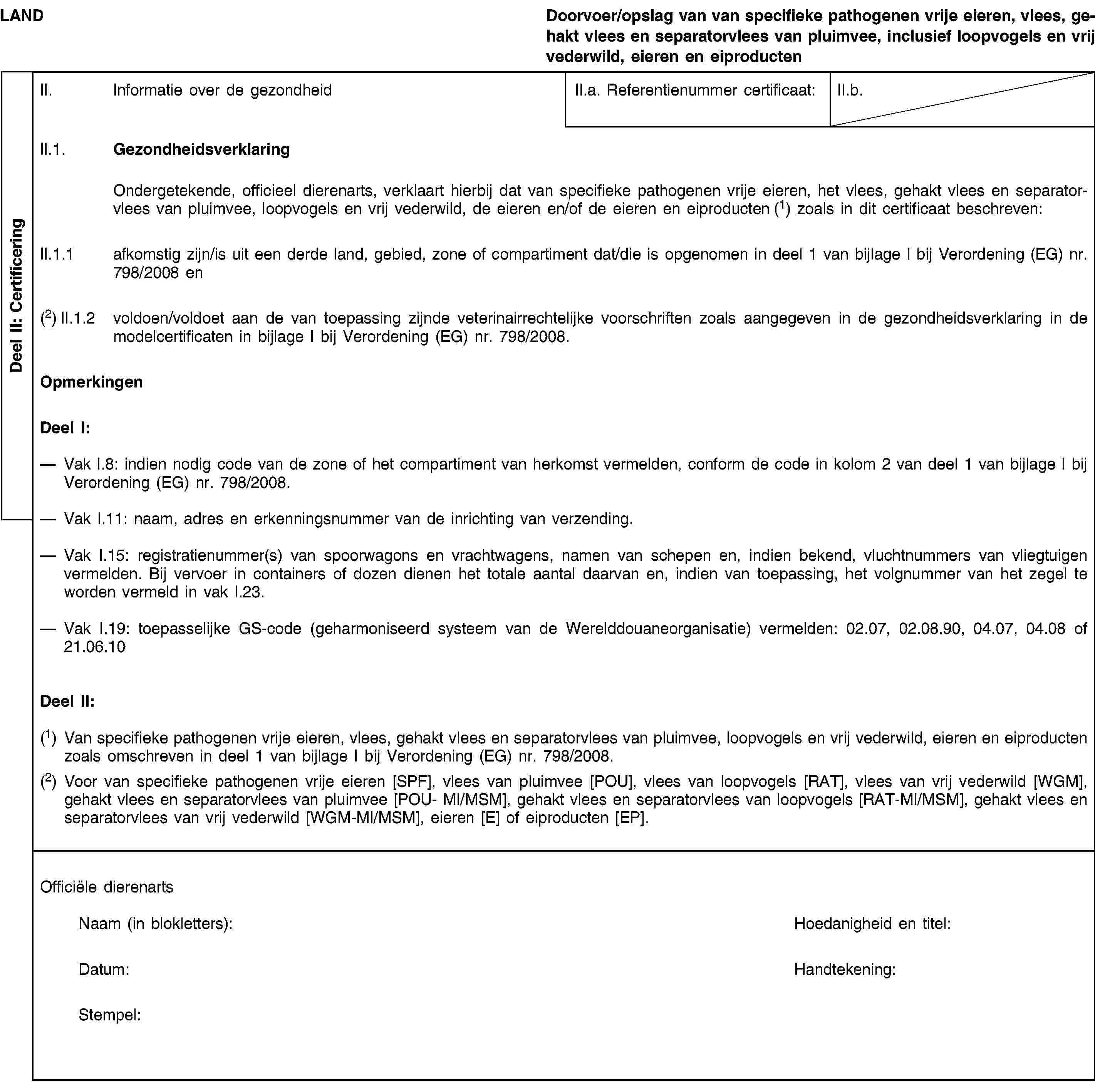 Deel II: CertificeringLANDDoorvoer/opslag van van specifieke pathogenen vrije eieren, vlees, gehakt vlees en separatorvlees van pluimvee, inclusief loopvogels en vrij vederwild, eieren en eiproductenII. Informatie over de gezondheidII.a. Referentienummer certificaat:II.b.II.1. GezondheidsverklaringOndergetekende, officieel dierenarts, verklaart hierbij dat van specifieke pathogenen vrije eieren, het vlees, gehakt vlees en separatorvlees van pluimvee, loopvogels en vrij vederwild, de eieren en/of de eieren en eiproducten (1) zoals in dit certificaat beschreven:II.1.1 afkomstig zijn/is uit een derde land, gebied, zone of compartiment dat/die is opgenomen in deel 1 van bijlage I bij Verordening (EG) nr. 798/2008 en(2) II.1.2 voldoen/voldoet aan de van toepassing zijnde veterinairrechtelijke voorschriften zoals aangegeven in de gezondheidsverklaring in de modelcertificaten in bijlage I bij Verordening (EG) nr. 798/2008.OpmerkingenDeel I:Vak I.8: indien nodig code van de zone of het compartiment van herkomst vermelden, conform de code in kolom 2 van deel 1 van bijlage I bij Verordening (EG) nr. 798/2008.Vak I.11: naam, adres en erkenningsnummer van de inrichting van verzending.Vak I.15: registratienummer(s) van spoorwagons en vrachtwagens, namen van schepen en, indien bekend, vluchtnummers van vliegtuigen vermelden. Bij vervoer in containers of dozen dienen het totale aantal daarvan en, indien van toepassing, het volgnummer van het zegel te worden vermeld in vak I.23.Vak I.19: toepasselijke GS-code (geharmoniseerd systeem van de Werelddouaneorganisatie) vermelden: 02.07, 02.08.90, 04.07, 04.08 of 21.06.10Deel II:(1) Van specifieke pathogenen vrije eieren, vlees, gehakt vlees en separatorvlees van pluimvee, loopvogels en vrij vederwild, eieren en eiproducten zoals omschreven in deel 1 van bijlage I bij Verordening (EG) nr. 798/2008.(2) Voor van specifieke pathogenen vrije eieren [SPF], vlees van pluimvee [POU], vlees van loopvogels [RAT], vlees van vrij vederwild [WGM], gehakt vlees en separatorvlees van pluimvee [POU- MI/MSM], gehakt vlees en separatorvlees van loopvogels [RAT-MI/MSM], gehakt vlees en separatorvlees van vrij vederwild [WGM-MI/MSM], eieren [E] of eiproducten [EP].Officiële dierenartsNaam (in blokletters):Hoedanigheid en titel:Datum:Handtekening:Stempel: