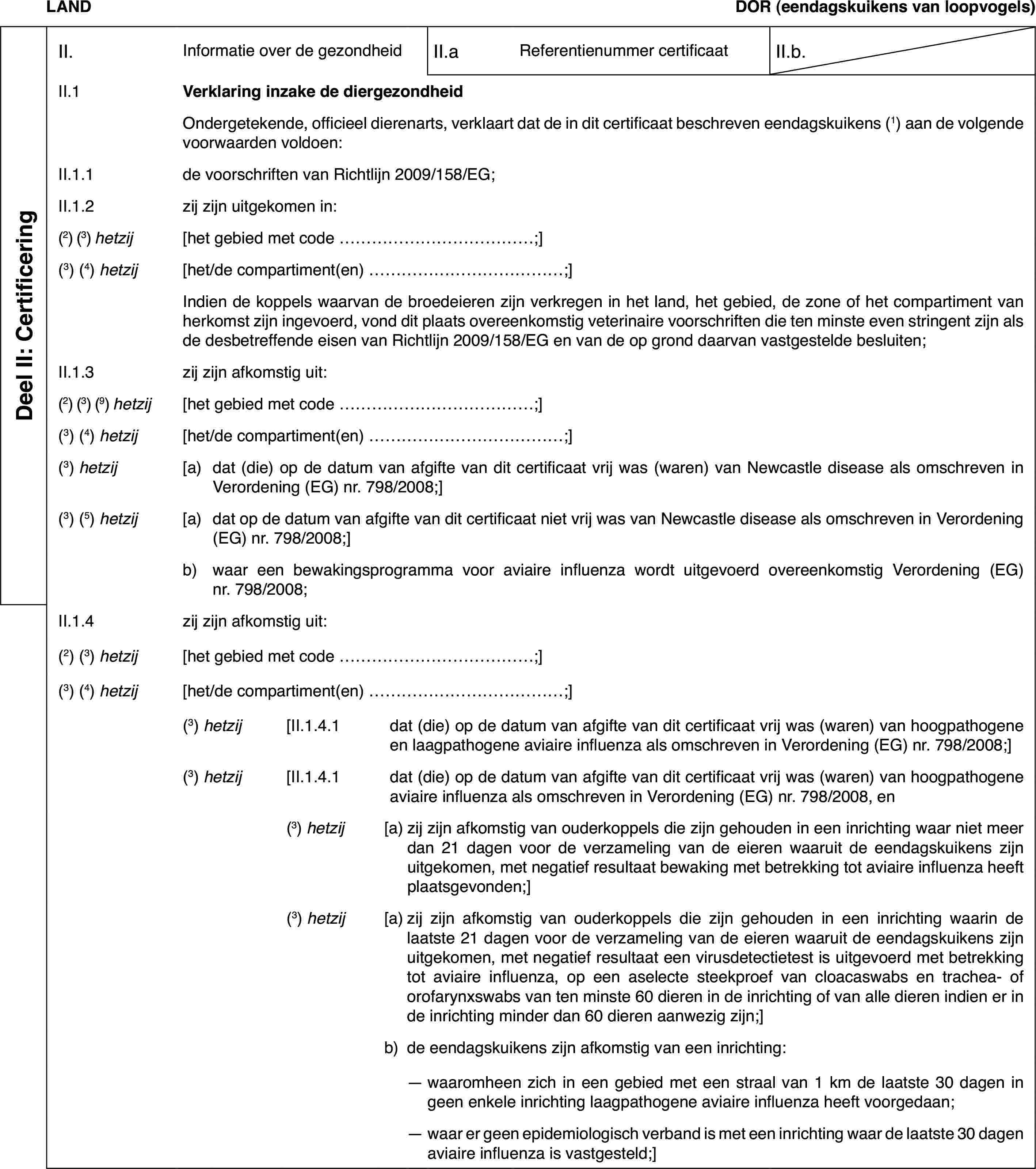 LANDDOR(eendagskuikens van loopvogels)Deel II: CertificeringII.Informatie over de gezondheidII.aReferentienummer certificaatII.b.II.1Verklaring inzake de diergezondheidOndergetekende,officieel dierenarts, verklaart dat de in dit certificaat beschreven eendagskuikens(1) aan de volgende voorwaarden voldoen:II.1.1de voorschriften van Richtlijn 2009/158/EG;II.1.2zij zijn uitgekomenin:(2)(3) hetzij[het gebied met code …;](3)(4) hetzij[het/de compartiment(en) …;]Indien de koppelswaarvan de broedeieren zijn verkregen in het land, het gebied, de zone ofhet compartiment van herkomst zijn ingevoerd, vond dit plaats overeenkomstigveterinaire voorschriften die ten minste even stringent zijn als de desbetreffendeeisen van Richtlijn 2009/158/EG en van de op grond daarvan vastgestelde besluiten;II.1.3zij zijn afkomstig uit:(2) (3) (9) hetzij[het gebied met code …;](3)(4) hetzij[het/de compartiment(en) …;](3) hetzij[a)dat (die) op de datum van afgifte van dit certificaat vrij was (waren)van Newcastle disease als omschreven in Verordening (EG) nr.798/2008;](3)(5) hetzij[a)dat op de datumvan afgifte van dit certificaat niet vrij was van Newcastle disease als omschrevenin Verordening (EG) nr.798/2008;]b)waar een bewakingsprogrammavoor aviaire influenza wordt uitgevoerd overeenkomstig Verordening (EG) nr.798/2008;II.1.4zij zijn afkomstig uit:(2) (3) hetzij[het gebied met code …;](3)(4) hetzij[het/de compartiment(en) …;](3) hetzij[II.1.4.1dat (die) op de datum van afgifte van dit certificaat vrij was (waren)van hoogpathogene en laagpathogene aviaire influenza als omschreven in Verordening(EG) nr. 798/2008;](3) hetzij[II.1.4.1dat (die) op dedatum van afgifte van dit certificaat vrij was (waren) van hoogpathogene aviaireinfluenza als omschreven in Verordening (EG) nr. 798/2008, en(3) hetzij[a)zij zijn afkomstig van ouderkoppels die zijn gehouden in een inrichtingwaar niet meer dan 21 dagen voor de verzameling van de eieren waaruit de eendagskuikenszijn uitgekomen, met negatief resultaat bewaking met betrekking tot aviaireinfluenza heeft plaatsgevonden;](3) hetzij[a)zij zijn afkomstig van ouderkoppels die zijn gehouden in een inrichtingwaarin de laatste 21 dagen voor de verzameling van de eieren waaruit de eendagskuikenszijn uitgekomen, met negatief resultaat een virusdetectietest is uitgevoerdmet betrekking tot aviaire influenza, op een aselecte steekproef van cloacaswabsen trachea- of orofarynxswabs van ten minste 60 dieren in de inrichting ofvan alle dieren indien er in de inrichting minder dan 60 dieren aanwezig zijn;]b)de eendagskuikens zijn afkomstig van een inrichting:—waaromheen zich in een gebied met een straal van 1 km de laatste 30dagen in geen enkele inrichting laagpathogene aviaire influenza heeft voorgedaan;—waar er geen epidemiologisch verbandis met een inrichting waar de laatste 30 dagen aviaire influenza is vastgesteld;]