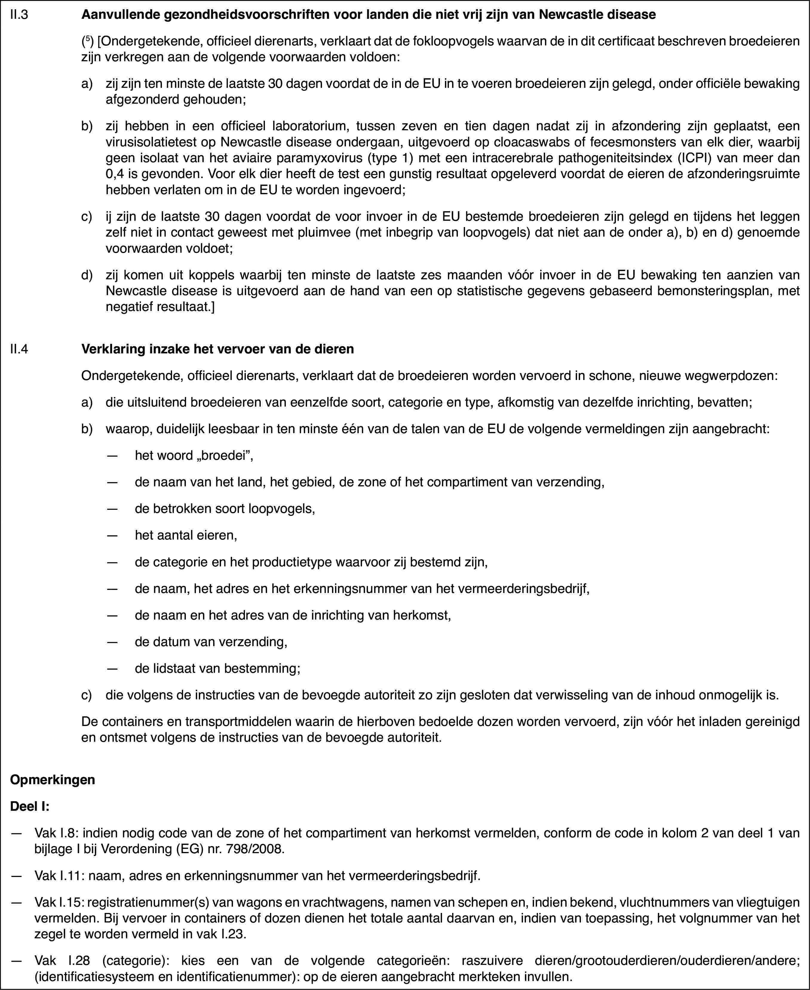 II.3Aanvullende gezondheidsvoorschriftenvoor landen die niet vrij zijn van Newcastle disease(5)[Ondergetekende,officieel dierenarts, verklaart dat de fokloopvogels waarvan de in dit certificaatbeschreven broedeieren zijn verkregen aan de volgende voorwaarden voldoen:a)zij zijn ten minstede laatste 30 dagen voordat de in de EU in te voeren broedeieren zijn gelegd,onder officiële bewaking afgezonderd gehouden;b)zij hebben in eenofficieel laboratorium, tussen zeven en tien dagen nadat zij in afzonderingzijn geplaatst, een virusisolatietest op Newcastle disease ondergaan, uitgevoerdop cloacaswabs of fecesmonsters van elk dier, waarbij geen isolaat van hetaviaire paramyxovirus (type 1) met een intracerebrale pathogeniteitsindex(ICPI) van meer dan 0,4 is gevonden. Voor elk dier heeft de test een gunstigresultaat opgeleverd voordat de eieren de afzonderingsruimte hebben verlatenom in de EU te worden ingevoerd;c)ij zijn de laatste 30 dagen voordatde voor invoer in de EU bestemde broedeieren zijn gelegd en tijdens het leggenzelf niet in contact geweest met pluimvee (met inbegrip van loopvogels) datniet aan de onder a), b) en d) genoemde voorwaarden voldoet;d)zij komen uit koppelswaarbij ten minste de laatste zes maanden vóór invoer in de EU bewaking tenaanzien van Newcastle disease is uitgevoerd aan de hand van een op statistischegegevens gebaseerd bemonsteringsplan, met negatief resultaat.]II.4Verklaring inzakehet vervoer van de dierenOndergetekende, officieel dierenarts, verklaart dat de broedeierenworden vervoerd in schone, nieuwe wegwerpdozen:a)die uitsluitendbroedeieren van eenzelfde soort, categorie en type, afkomstig van dezelfdeinrichting, bevatten;b)waarop, duidelijk leesbaar in ten minste één van de talen van de EUde volgende vermeldingen zijn aangebracht:—het woord „broedei”,—de naam van het land, het gebied, de zone of het compartiment van verzending,—de betrokken soort loopvogels,—het aantal eieren,—de categorie en het productietype waarvoor zij bestemd zijn,—de naam, het adres en het erkenningsnummer van het vermeerderingsbedrijf,—de naam en het adres van de inrichting van herkomst,—de datum van verzending,—de lidstaat van bestemming;c)die volgens de instructies van debevoegde autoriteit zo zijn gesloten dat verwisseling van de inhoud onmogelijkis.De containers en transportmiddelenwaarin de hierboven bedoelde dozen worden vervoerd, zijn vóór het inladengereinigd en ontsmet volgens de instructies van de bevoegde autoriteit.OpmerkingenDeel I:—Vak I.8: indien nodig code van de zone of het compartiment van herkomstvermelden, conform de code in kolom 2 van deel 1 van bijlage I bij Verordening(EG) nr.798/2008.—Vak I.11: naam,adres en erkenningsnummer van het vermeerderingsbedrijf.—Vak I.15: registratienummer(s) van wagons en vrachtwagens, namen vanschepen en, indien bekend, vluchtnummers van vliegtuigen vermelden. Bij vervoerin containers of dozen dienen het totale aantal daarvan en, indien van toepassing,het volgnummer van het zegel te worden vermeld in vak I.23.—Vak I.28 (categorie): kies eenvan de volgende categorieën: raszuivere dieren/grootouderdieren/ouderdieren/andere;(identificatiesysteem en identificatienummer): op de eieren aangebracht merkteken invullen.