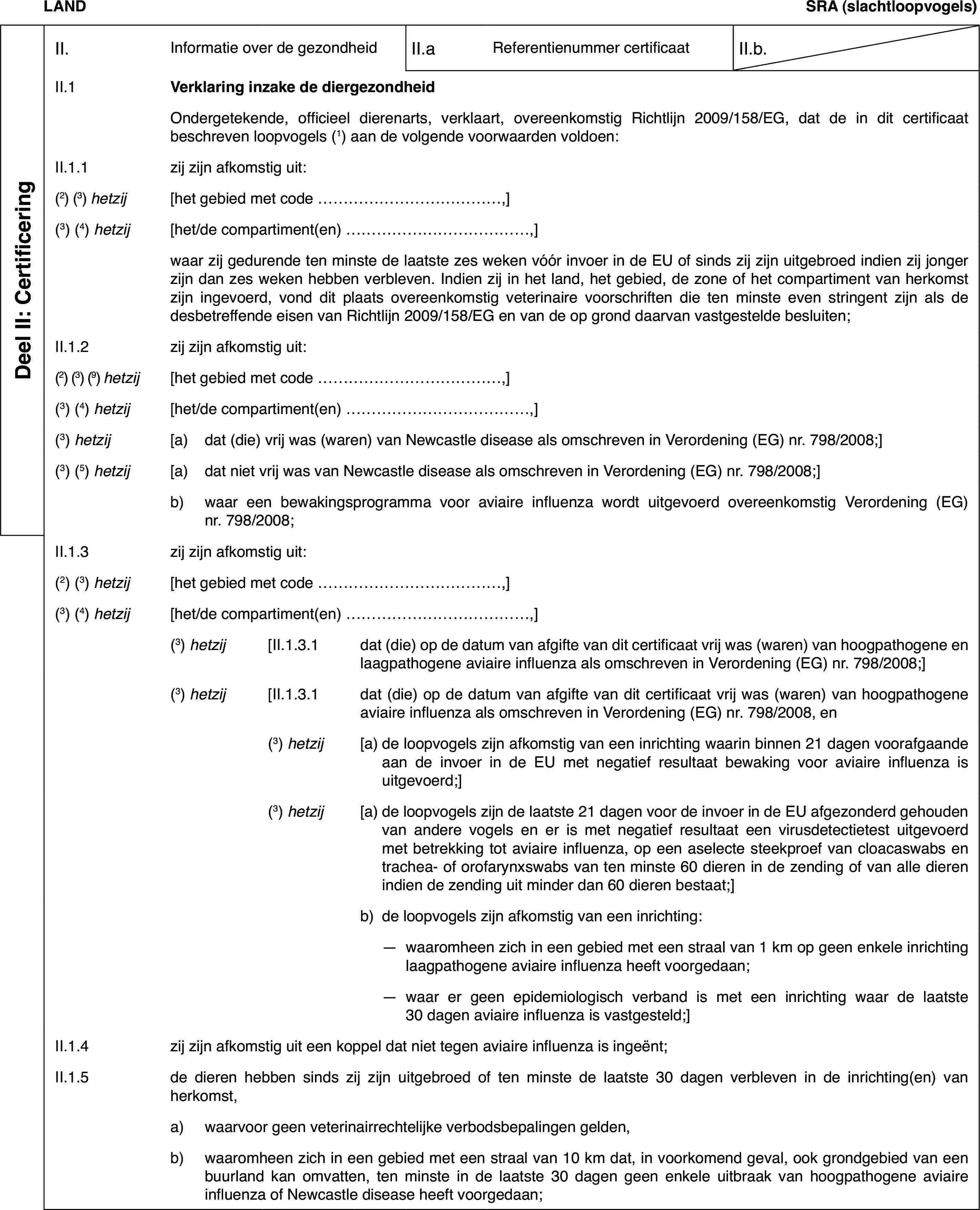 LANDSRA(slachtloopvogels)Deel II: CertificeringII.Informatie over de gezondheidII.aReferentienummer certificaatII.b.II.1Verklaring inzake de diergezondheidOndergetekende,officieel dierenarts, verklaart, overeenkomstig Richtlijn 2009/158/EG, datde in dit certificaat beschreven loopvogels (1)aan de volgende voorwaarden voldoen:II.1.1zij zijn afkomstiguit:(2)(3) hetzij[het gebied met code …,](3)(4) hetzij[het/de compartiment(en) …,]waar zij gedurendeten minste de laatste zes weken vóór invoer in de EU of sinds zij zijn uitgebroedindien zij jonger zijn dan zes weken hebben verbleven. Indien zij in het land,het gebied, de zone of het compartiment van herkomst zijn ingevoerd, vonddit plaats overeenkomstig veterinaire voorschriften die ten minste even stringentzijn als de desbetreffende eisen van Richtlijn 2009/158/EG en van de op gronddaarvan vastgestelde besluiten;II.1.2zij zijn afkomstiguit:(2)(3) (9) hetzij[het gebied met code …,](3)(4) hetzij[het/de compartiment(en) …,](3) hetzij[a)dat (die) vrij was (waren) van Newcastle disease als omschreven inVerordening (EG) nr. 798/2008;](3) (5) hetzij[a)dat niet vrij was van Newcastle disease als omschreven in Verordening(EG) nr. 798/2008;]b)waar een bewakingsprogrammavoor aviaire influenza wordt uitgevoerd overeenkomstig Verordening (EG) nr.798/2008;II.1.3zij zijn afkomstig uit:(2) (3) hetzij[het gebied met code …,](3)(4) hetzij[het/de compartiment(en) …,](3) hetzij[II.1.3.1dat (die) op de datum van afgifte van dit certificaat vrij was (waren)van hoogpathogene en laagpathogene aviaire influenza als omschreven in Verordening(EG) nr. 798/2008;](3) hetzij[II.1.3.1dat (die) op de datum van afgifte van dit certificaat vrij was (waren)van hoogpathogene aviaire influenza als omschreven in Verordening (EG) nr. 798/2008,en(3) hetzij[a)de loopvogels zijn afkomstig van een inrichting waarin binnen 21 dagenvoorafgaande aan de invoer in de EU met negatief resultaat bewaking voor aviaireinfluenza is uitgevoerd;](3) hetzij[a)de loopvogels zijn de laatste 21 dagen voor de invoer in de EU afgezonderdgehouden van andere vogels en er is met negatief resultaat een virusdetectietestuitgevoerd met betrekking tot aviaire influenza, op een aselecte steekproefvan cloacaswabs en trachea- of orofarynxswabs van ten minste 60 dieren inde zending of van alle dieren indien de zending uit minder dan 60 dieren bestaat;]b)de loopvogels zijn afkomstig van een inrichting:—waaromheen zich in een gebied met een straal van 1 km op geen enkeleinrichting laagpathogene aviaire influenza heeft voorgedaan;—waar er geen epidemiologisch verband is met een inrichting waar delaatste 30 dagen aviaire influenza is vastgesteld;]II.1.4zij zijn afkomstig uit een koppel dat niet tegen aviaire influenzais ingeënt;II.1.5de dieren hebbensinds zij zijn uitgebroed of ten minste de laatste 30 dagen verbleven in deinrichting(en) van herkomst,a)waarvoor geen veterinairrechtelijke verbodsbepalingen gelden,b)waaromheen zich in een gebiedmet een straal van 10 km dat, in voorkomend geval, ook grondgebied van eenbuurland kan omvatten, ten minste in de laatste 30 dagen geen enkele uitbraakvan hoogpathogene aviaire influenza of Newcastle disease heeft voorgedaan;