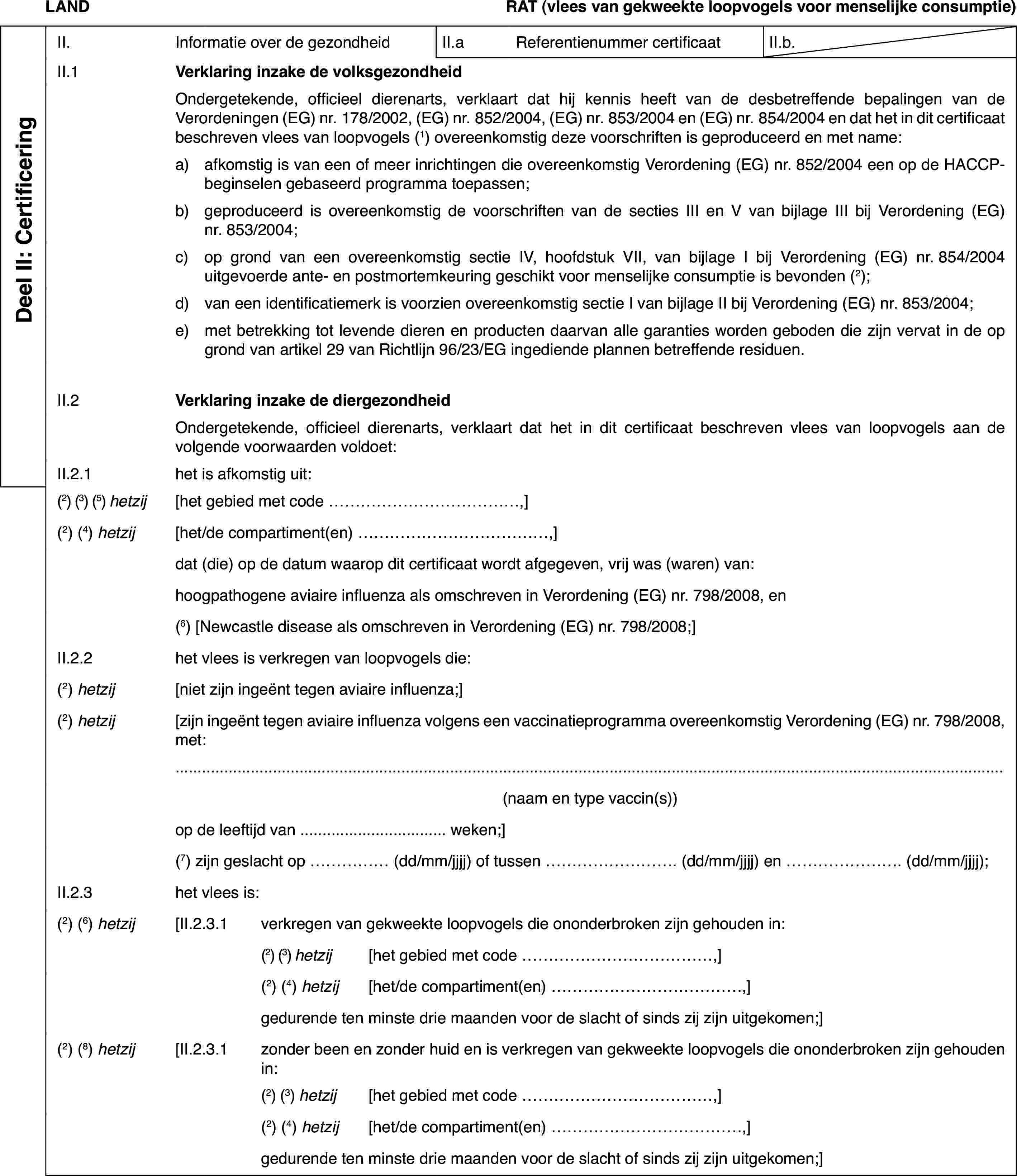 LANDRAT(vlees van gekweekte loopvogels voor menselijke consumptie)Deel II: CertificeringII.Informatie over de gezondheidII.aReferentienummer certificaatII.b.II.1Verklaring inzake de volksgezondheidOndergetekende,officieel dierenarts, verklaart dat hij kennis heeft van de desbetreffendebepalingen van de Verordeningen (EG) nr.178/2002, (EG) nr.852/2004, (EG)nr.853/2004 en (EG) nr.854/2004 en dat het in dit certificaat beschrevenvlees van loopvogels (1) overeenkomstig deze voorschriftenis geproduceerd en met name:a)afkomstig is vaneen of meer inrichtingen die overeenkomstig Verordening (EG) nr.852/2004een op de HACCP-beginselen gebaseerd programma toepassen;b)geproduceerd is overeenkomstig de voorschriften van de secties IIIen V van bijlage III bij Verordening (EG) nr.853/2004;c)op grond van een overeenkomstig sectie IV, hoofdstukVII, van bijlage I bij Verordening (EG) nr.854/2004 uitgevoerde ante- enpostmortemkeuring geschikt voor menselijke consumptie is bevonden (2);d)van een identificatiemerkis voorzien overeenkomstig sectie I van bijlage II bij Verordening (EG) nr.853/2004;e)met betrekking tot levende dieren en producten daarvan alle garantiesworden geboden die zijn vervat in de op grond van artikel 29 van Richtlijn96/23/EG ingediende plannen betreffende residuen.II.2Verklaring inzakede diergezondheidOndergetekende, officieel dierenarts,verklaart dat het in dit certificaat beschreven vlees van loopvogels aan devolgende voorwaarden voldoet:II.2.1het is afkomstiguit:(2)(3) (5) hetzij[het gebied met code …,](2)(4) hetzij[het/de compartiment(en) …,]dat (die) op dedatum waarop dit certificaat wordt afgegeven, vrij was (waren) van:hoogpathogene aviaireinfluenza als omschreven in Verordening (EG) nr.798/2008, en(6) [Newcastledisease als omschreven in Verordening (EG) nr.798/2008;]II.2.2het vlees is verkregen van loopvogels die:(2) hetzij[niet zijn ingeënttegen aviaire influenza;](2) hetzij[zijn ingeënt tegenaviaire influenza volgens een vaccinatieprogramma overeenkomstig Verordening(EG) nr. 798/2008, met:(naam en type vaccin(s))op de leeftijd van… weken;](7) zijngeslacht op … (dd/mm/jjjj) of tussen … (dd/mm/jjjj) en …(dd/mm/jjjj);II.2.3het vlees is:(2)(6) hetzij[II.2.3.1verkregen van gekweekte loopvogelsdie ononderbroken zijn gehouden in:(2) (3) hetzij[het gebied met code…,](2) (4) hetzij[het/de compartiment(en)…,]gedurende ten minste drie maandenvoor de slacht of sinds zij zijn uitgekomen;](2)(8) hetzij[II.2.3.1zonder been en zonder huid en isverkregen van gekweekte loopvogels die ononderbroken zijn gehouden in:(2) (3) hetzij[het gebied met code …,](2) (4) hetzij[het/de compartiment(en) …,]gedurendeten minste drie maanden voor de slacht of sinds zij zijn uitgekomen;]