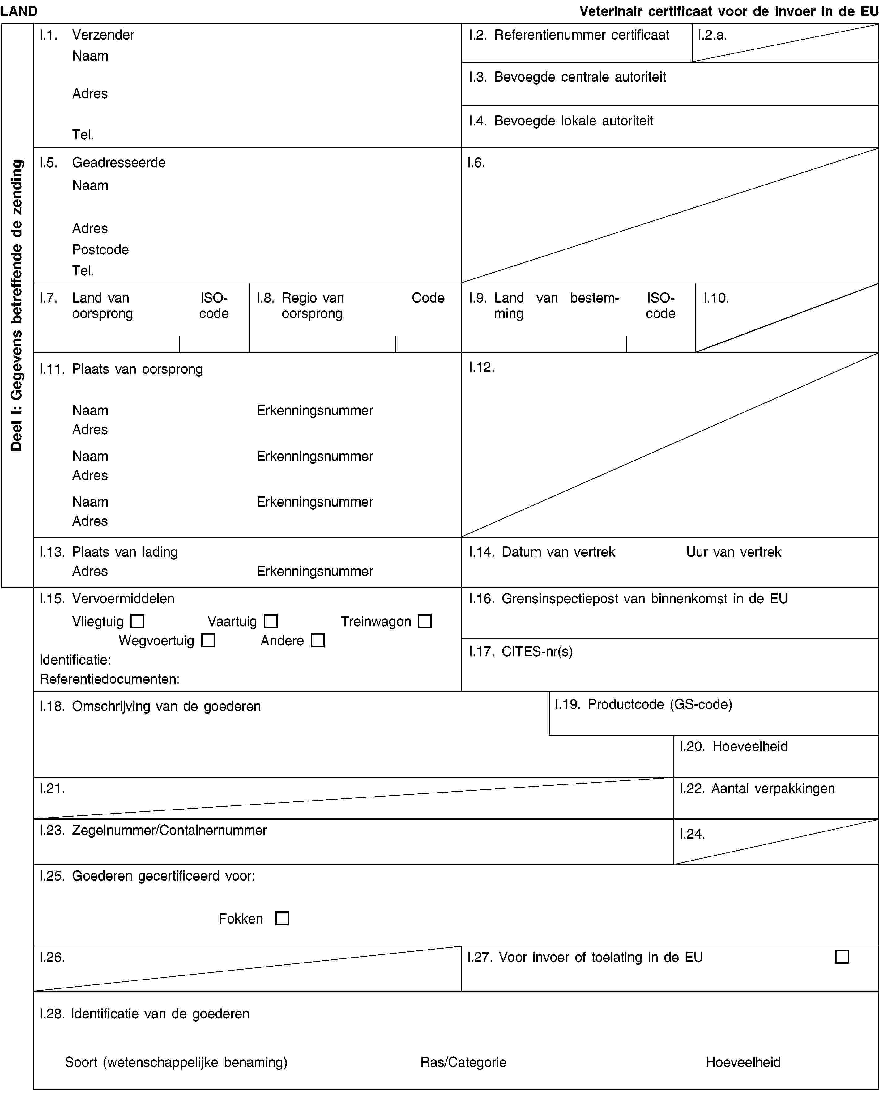 Deel I: Gegevens betreffende de zendingLANDVeterinair certificaat voor de invoer in de EUI.1. VerzenderNaamAdresTel.I.2. Referentienummer certificaatI.2.a.I.3. Bevoegde centrale autoriteitI.4. Bevoegde lokale autoriteitI.5. GeadresseerdeNaamAdresPostcodeTel.I.6.I.7. Land van oorsprongISO-codeI.8. Regio van oorsprongCodeI.9. Land van bestemmingISO-codeI.10.I.11. Plaats van oorsprongNaamErkenningsnummerAdresNaamErkenningsnummerAdresNaamErkenningsnummerAdresI.12.I.13. Plaats van ladingAdresErkenningsnummerI.14. Datum van vertrekUur van vertrekI.15. VervoermiddelenVliegtuigVaartuigTreinwagonWegvoertuigAndereIdentificatie:Referentiedocumenten:I.16. Grensinspectiepost van binnenkomst in de EUI.17. CITES-nr(s)I.18. Omschrijving van de goederenI.19. Productcode (GS-code)I.20. HoeveelheidI.21.I.22. Aantal verpakkingenI.23. Zegelnummer/ContainernummerI.24.I.25. Goederen gecertificeerd voor:FokkenI.26.I.27. Voor invoer of toelating in de EUI.28. Identificatie van de goederenSoort (wetenschappelijke benaming)Ras/CategorieHoeveelheid