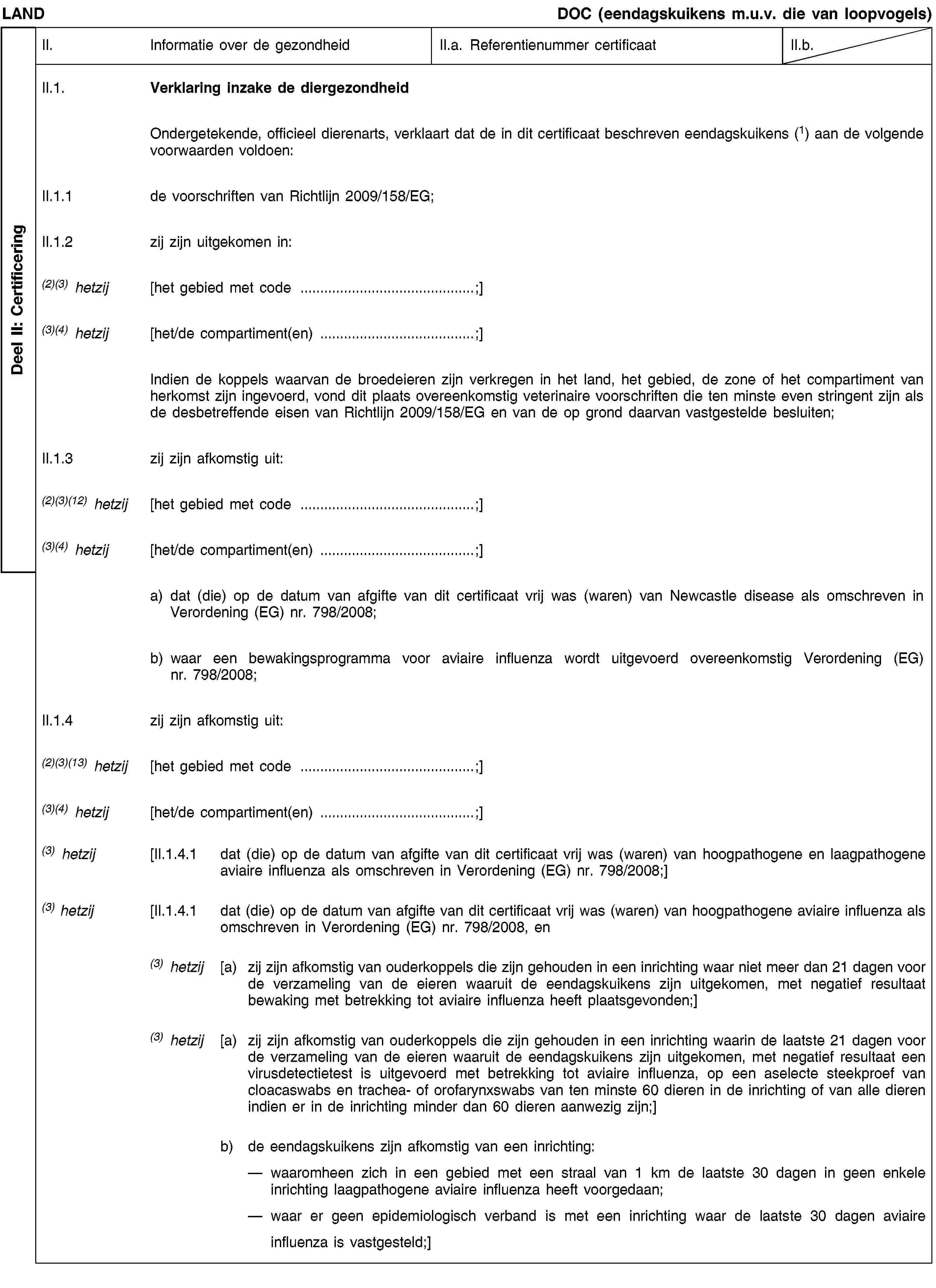 Deel II: CertificeringLANDDOC (eendagskuikens m.u.v. die van loopvogels)II.Informatie over de gezondheidII.a. Referentienummer certificaatII.b.II.1.Verklaring inzake de diergezondheidOndergetekende, officieel dierenarts, verklaart dat de in dit certificaat beschreven eendagskuikens (1) aan de volgende voorwaarden voldoen:II.1.1de voorschriften van Richtlijn 2009/158/EG;II.1.2zij zijn uitgekomen in:(2)(3) hetzij[het gebied met code …;](3)(4) hetzij[het/de compartiment(en) …;]Indien de koppels waarvan de broedeieren zijn verkregen in het land, het gebied, de zone of het compartiment van herkomst zijn ingevoerd, vond dit plaats overeenkomstig veterinaire voorschriften die ten minste even stringent zijn als de desbetreffende eisen van Richtlijn 2009/158/EG en van de op grond daarvan vastgestelde besluiten;II.1.3zij zijn afkomstig uit:(2)(3)(12) hetzij[het gebied met code …;](3)(4) hetzij[het/de compartiment(en) …;]a) dat (die) op de datum van afgifte van dit certificaat vrij was (waren) van Newcastle disease als omschreven in Verordening (EG) nr. 798/2008;b) waar een bewakingsprogramma voor aviaire influenza wordt uitgevoerd overeenkomstig Verordening (EG) nr. 798/2008;II.1.4zij zijn afkomstig uit:(2)(3)(13) hetzij[het gebied met code …;](3)(4) hetzij[het/de compartiment(en) …;](3) hetzij[II.1.4.1dat (die) op de datum van afgifte van dit certificaat vrij was (waren) van hoogpathogene en laagpathogene aviaire influenza als omschreven in Verordening (EG) nr. 798/2008;](3) hetzij[II.1.4.1dat (die) op de datum van afgifte van dit certificaat vrij was (waren) van hoogpathogene aviaire influenza als omschreven in Verordening (EG) nr. 798/2008, en(3) hetzij[a) zij zijn afkomstig van ouderkoppels die zijn gehouden in een inrichting waar niet meer dan 21 dagen voor de verzameling van de eieren waaruit de eendagskuikens zijn uitgekomen, met negatief resultaat bewaking met betrekking tot aviaire influenza heeft plaatsgevonden;](3) hetzij[a) zij zijn afkomstig van ouderkoppels die zijn gehouden in een inrichting waarin de laatste 21 dagen voor de verzameling van de eieren waaruit de eendagskuikens zijn uitgekomen, met negatief resultaat een virusdetectietest is uitgevoerd met betrekking tot aviaire influenza, op een aselecte steekproef van cloacaswabs en trachea- of orofarynxswabs van ten minste 60 dieren in de inrichting of van alle dieren indien er in de inrichting minder dan 60 dieren aanwezig zijn;]b) de eendagskuikens zijn afkomstig van een inrichting:waaromheen zich in een gebied met een straal van 1 km de laatste 30 dagen in geen enkele inrichting laagpathogene aviaire influenza heeft voorgedaan;waar er geen epidemiologisch verband is met een inrichting waar de laatste 30 dagen aviaire influenza is vastgesteld;]