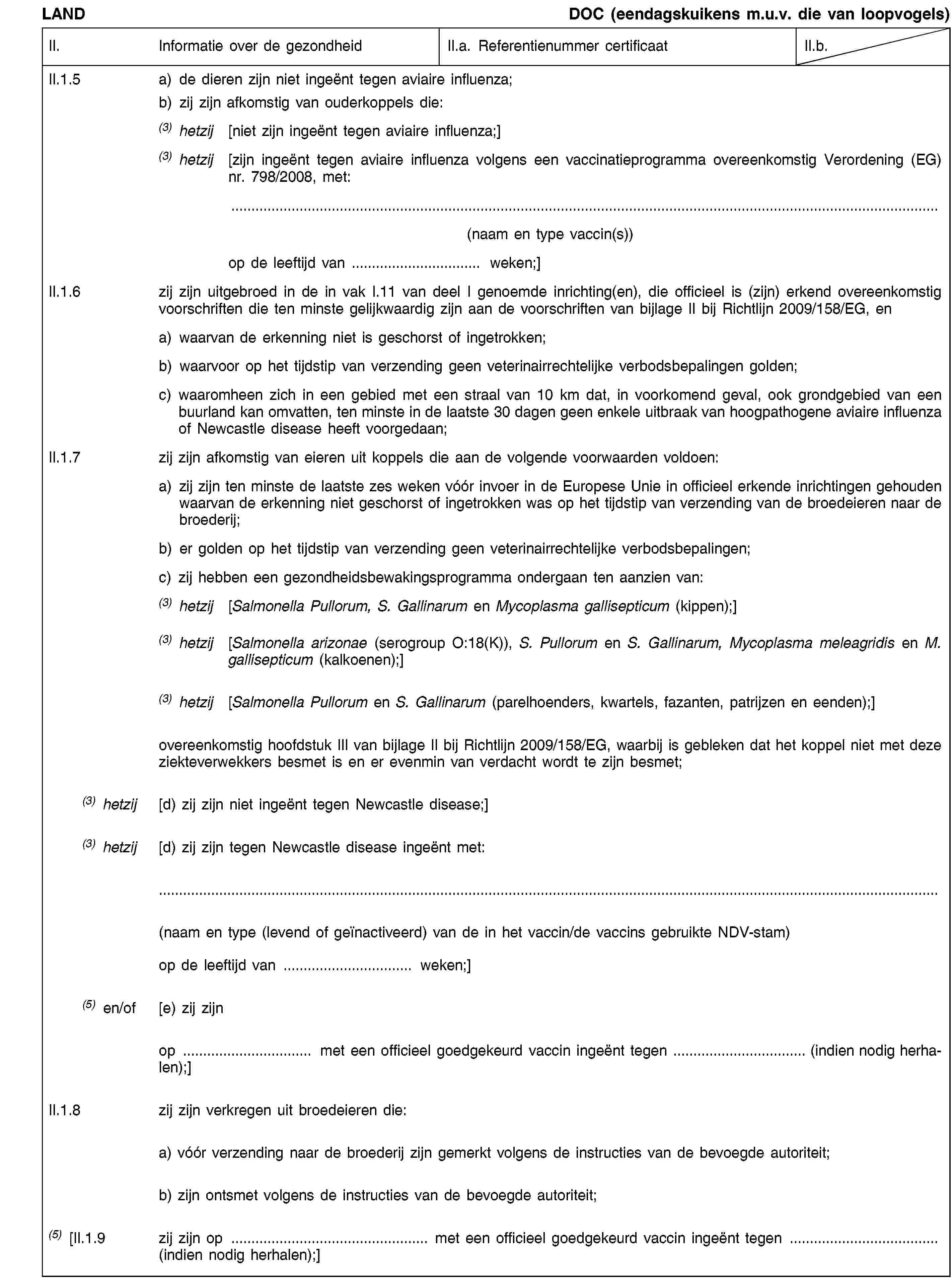 LANDDOC (eendagskuikens m.u.v. die van loopvogels)II.Informatie over de gezondheidII.a. Referentienummer certificaatII.b.II.1.5a) de dieren zijn niet ingeënt tegen aviaire influenza;b) zij zijn afkomstig van ouderkoppels die:(3) hetzij[niet zijn ingeënt tegen aviaire influenza;](3) hetzij[zijn ingeënt tegen aviaire influenza volgens een vaccinatieprogramma overeenkomstig Verordening (EG) nr. 798/2008, met:(naam en type vaccin(s))op de leeftijd van … weken;]II.1.6zij zijn uitgebroed in de in vak I.11 van deel I genoemde inrichting(en), die officieel is (zijn) erkend overeenkomstig voorschriften die ten minste gelijkwaardig zijn aan de voorschriften van bijlage II bij Richtlijn 2009/158/EG, ena) waarvan de erkenning niet is geschorst of ingetrokken;b) waarvoor op het tijdstip van verzending geen veterinairrechtelijke verbodsbepalingen golden;c) waaromheen zich in een gebied met een straal van 10 km dat, in voorkomend geval, ook grondgebied van een buurland kan omvatten, ten minste in de laatste 30 dagen geen enkele uitbraak van hoogpathogene aviaire influenza of Newcastle disease heeft voorgedaan;II.1.7zij zijn afkomstig van eieren uit koppels die aan de volgende voorwaarden voldoen:a) zij zijn ten minste de laatste zes weken vóór invoer in de Europese Unie in officieel erkende inrichtingen gehouden waarvan de erkenning niet geschorst of ingetrokken was op het tijdstip van verzending van de broedeieren naar de broederij;b) er golden op het tijdstip van verzending geen veterinairrechtelijke verbodsbepalingen;c) zij hebben een gezondheidsbewakingsprogramma ondergaan ten aanzien van:(3) hetzij[Salmonella Pullorum, S. Gallinarum en Mycoplasma gallisepticum (kippen);](3) hetzij[Salmonella arizonae (serogroup O:18(K)), S. Pullorum en S. Gallinarum, Mycoplasma meleagridis en M. gallisepticum (kalkoenen);](3) hetzij[Salmonella Pullorum en S. Gallinarum (parelhoenders, kwartels, fazanten, patrijzen en eenden);]overeenkomstig hoofdstuk III van bijlage II bij Richtlijn 2009/158/EG, waarbij is gebleken dat het koppel niet met deze ziekteverwekkers besmet is en er evenmin van verdacht wordt te zijn besmet;(3) hetzij[d) zij zijn niet ingeënt tegen Newcastle disease;](3) hetzij[d) zij zijn tegen Newcastle disease ingeënt met:(naam en type (levend of geïnactiveerd) van de in het vaccin/de vaccins gebruikte NDV-stam)op de leeftijd van … weken;](5) en/of[e) zij zijnop … met een officieel goedgekeurd vaccin ingeënt tegen … (indien nodig herhalen);]II.1.8zij zijn verkregen uit broedeieren die:a) vóór verzending naar de broederij zijn gemerkt volgens de instructies van de bevoegde autoriteit;b) zijn ontsmet volgens de instructies van de bevoegde autoriteit;(5) [II.1.9zij zijn op … met een officieel goedgekeurd vaccin ingeënt tegen …(indien nodig herhalen);]