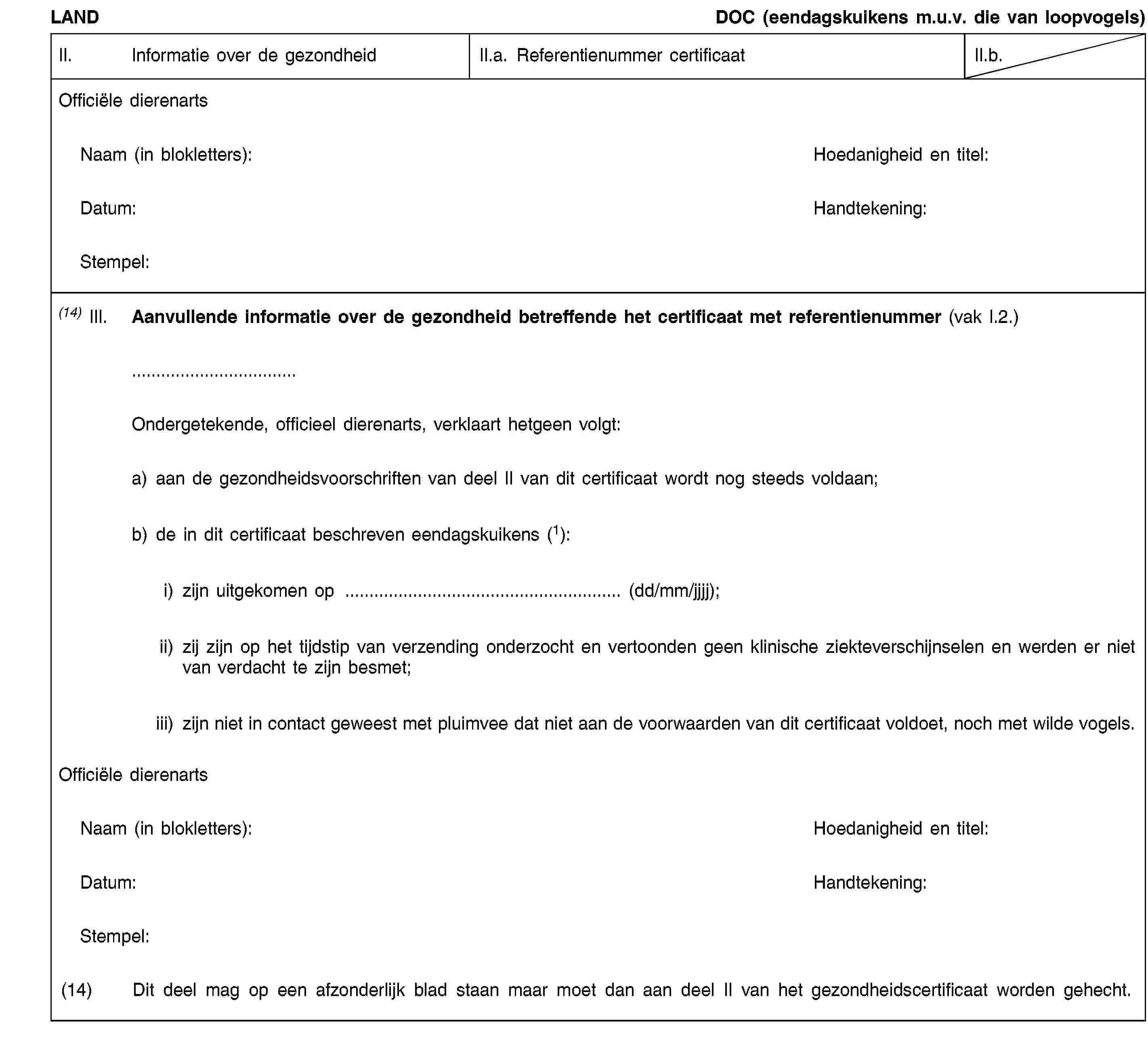 LANDDOC (eendagskuikens m.u.v. die van loopvogels)II.Informatie over de gezondheidII.a. Referentienummer certificaatII.b.Officiële dierenartsNaam (in blokletters):Hoedanigheid en titel:Datum:Handtekening:Stempel:(14) III.Aanvullende informatie over de gezondheid betreffende het certificaat met referentienummer (vak I.2.)Ondergetekende, officieel dierenarts, verklaart hetgeen volgt:a) aan de gezondheidsvoorschriften van deel II van dit certificaat wordt nog steeds voldaan;b) de in dit certificaat beschreven eendagskuikens (1):i) zijn uitgekomen op … (dd/mm/jjjj);ii) zij zijn op het tijdstip van verzending onderzocht en vertoonden geen klinische ziekteverschijnselen en werden er niet van verdacht te zijn besmet;iii) zijn niet in contact geweest met pluimvee dat niet aan de voorwaarden van dit certificaat voldoet, noch met wilde vogels.Officiële dierenartsNaam (in blokletters):Hoedanigheid en titel:Datum:Handtekening:Stempel:(14) Dit deel mag op een afzonderlijk blad staan maar moet dan aan deel II van het gezondheidscertificaat worden gehecht.