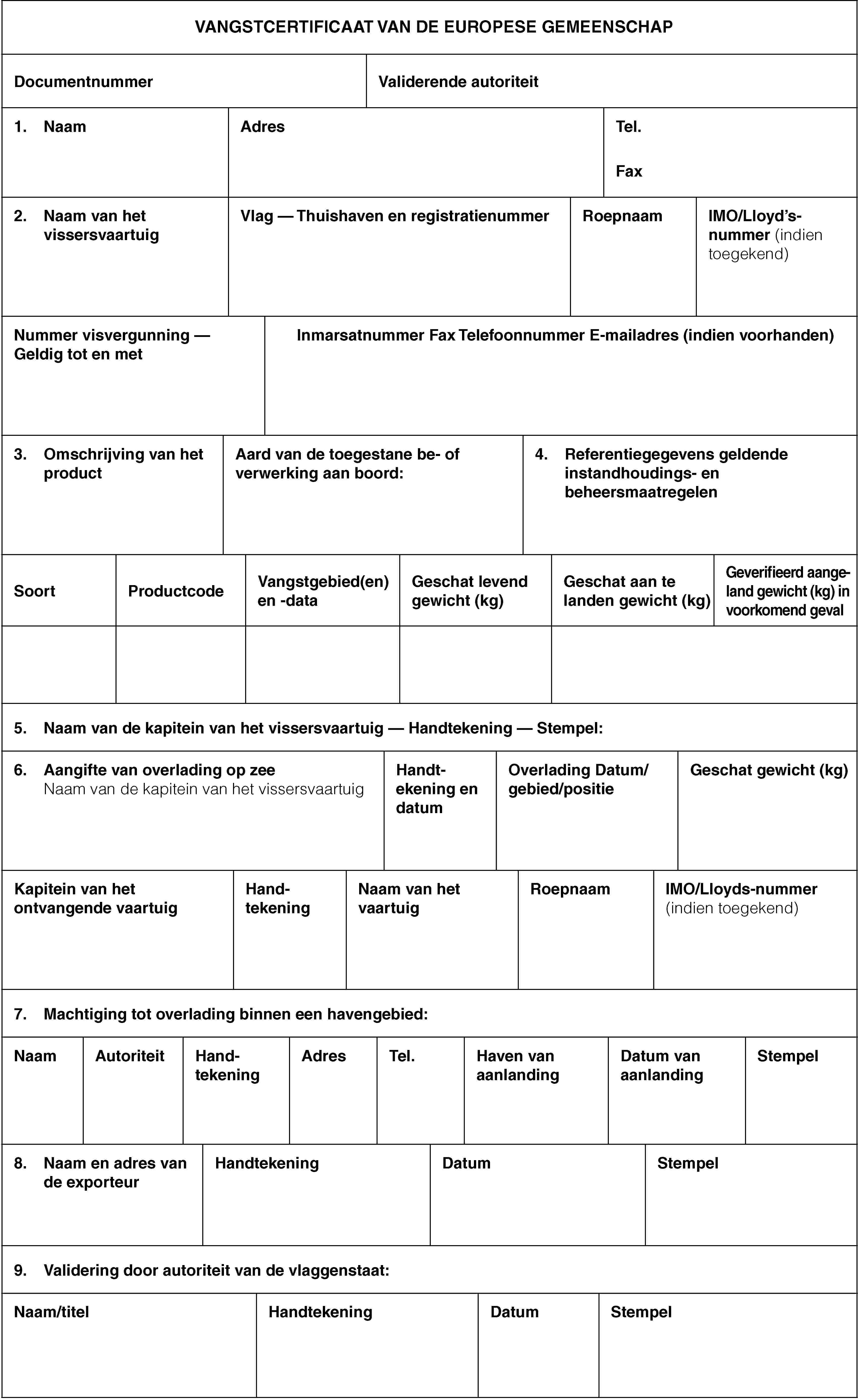 VANGSTCERTIFICAAT VAN DE EUROPESE GEMEENSCHAPDocumentnummerValiderende autoriteit1. NaamAdresTel.Fax2. Naam van het vissersvaartuigVlag — Thuishaven en registratienummerRoepnaamIMO/Lloyd’s-nummer (indien toegekend)Nummer visvergunning — Geldig tot en metInmarsatnummer Fax Telefoonnummer E-mailadres (indien voorhanden)3. Omschrijving van het productAard van de toegestane be- of verwerking aan boord:4. Referentiegegevens geldende instandhoudings- en beheersmaatregelenSoortProductcodeVangstgebied(en) en -dataGeschat levend gewicht (kg)Geschat aan te landen gewicht (kg)Geverifieerd aangeland gewicht (kg) in voorkomend geval5. Naam van de kapitein van het vissersvaartuig — Handtekening — Stempel:6. Aangifte van overlading op zee Naam van de kapitein van het vissersvaartuigHandt- ekening en datumOverlading Datum/gebied/positieGeschat gewicht (kg)Kapitein van het ontvangende vaartuigHand- tekeningNaam van het vaartuigRoepnaamIMO/Lloyds-nummer (indien toegekend)7. Machtiging tot overlading binnen een havengebied:NaamAutoriteitHand- tekeningAdresTel.Haven van aanlandingDatum van aanlandingStempel8. Naam en adres van de exporteurHandtekeningDatumStempel9. Validering door autoriteit van de vlaggenstaat:Naam/titelHandtekeningDatumStempel