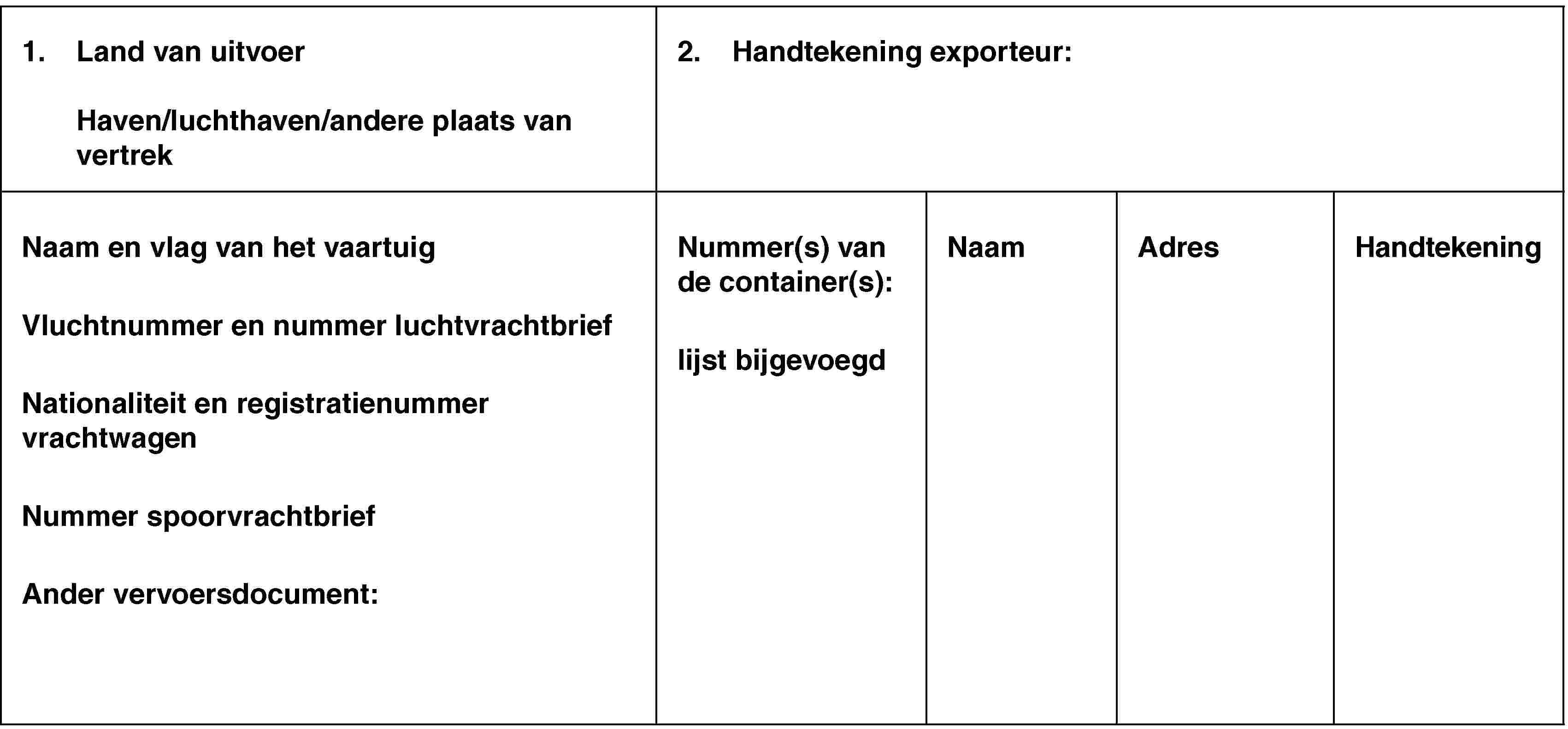 1. Land van uitvoerHaven/luchthaven/andere plaats van vertrek2. Handtekening exporteur:Naam en vlag van het vaartuigVluchtnummer en nummer luchtvrachtbriefNationaliteit en registratienummer vrachtwagenNummer spoorvrachtbriefAnder vervoersdocument:Nummer(s) van de container(s):lijst bijgevoegdNaamAdresHandtekening